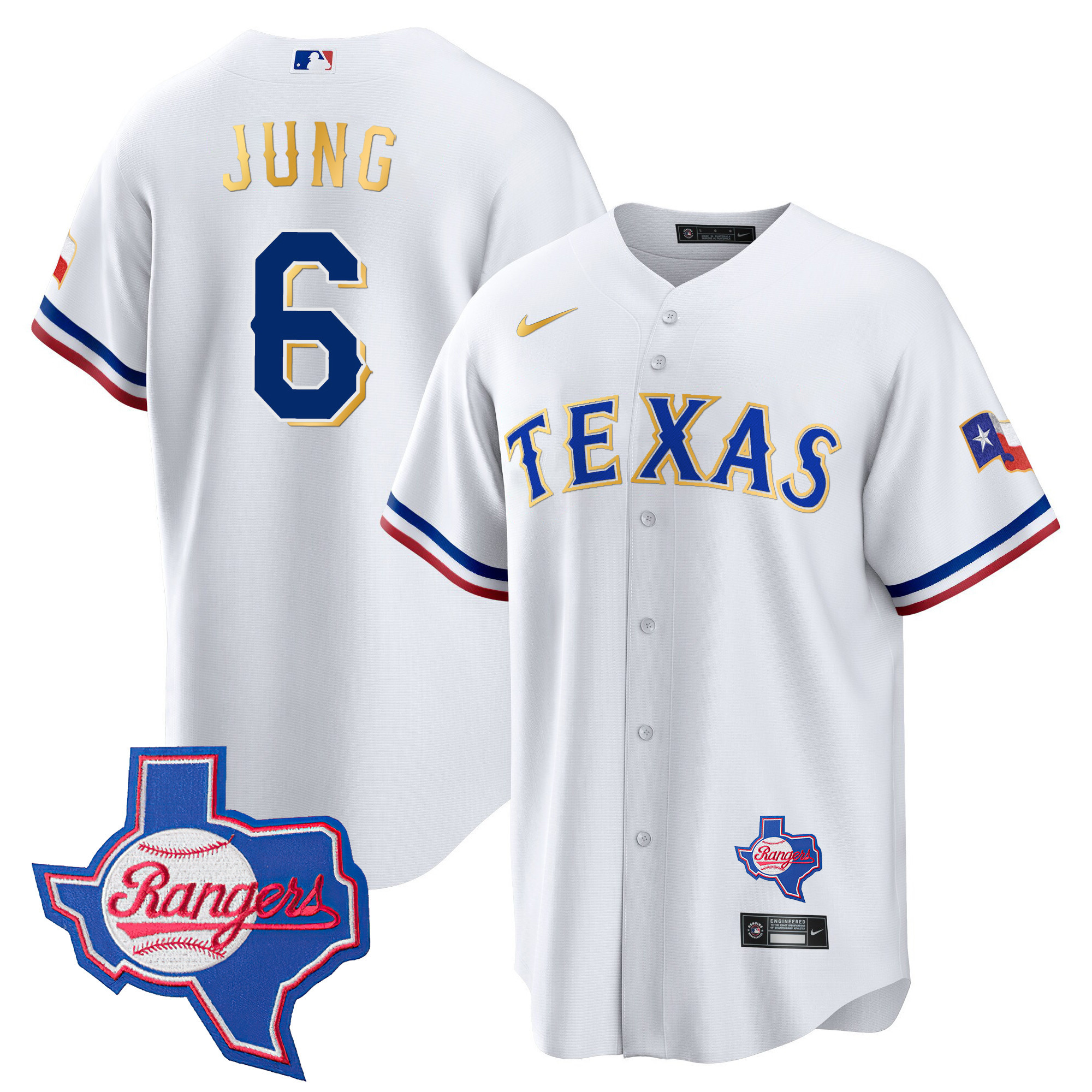 Men's Texas Rangers Gold Trim Cool Base Jersey - Texas Patch - All Stitched - Image 36