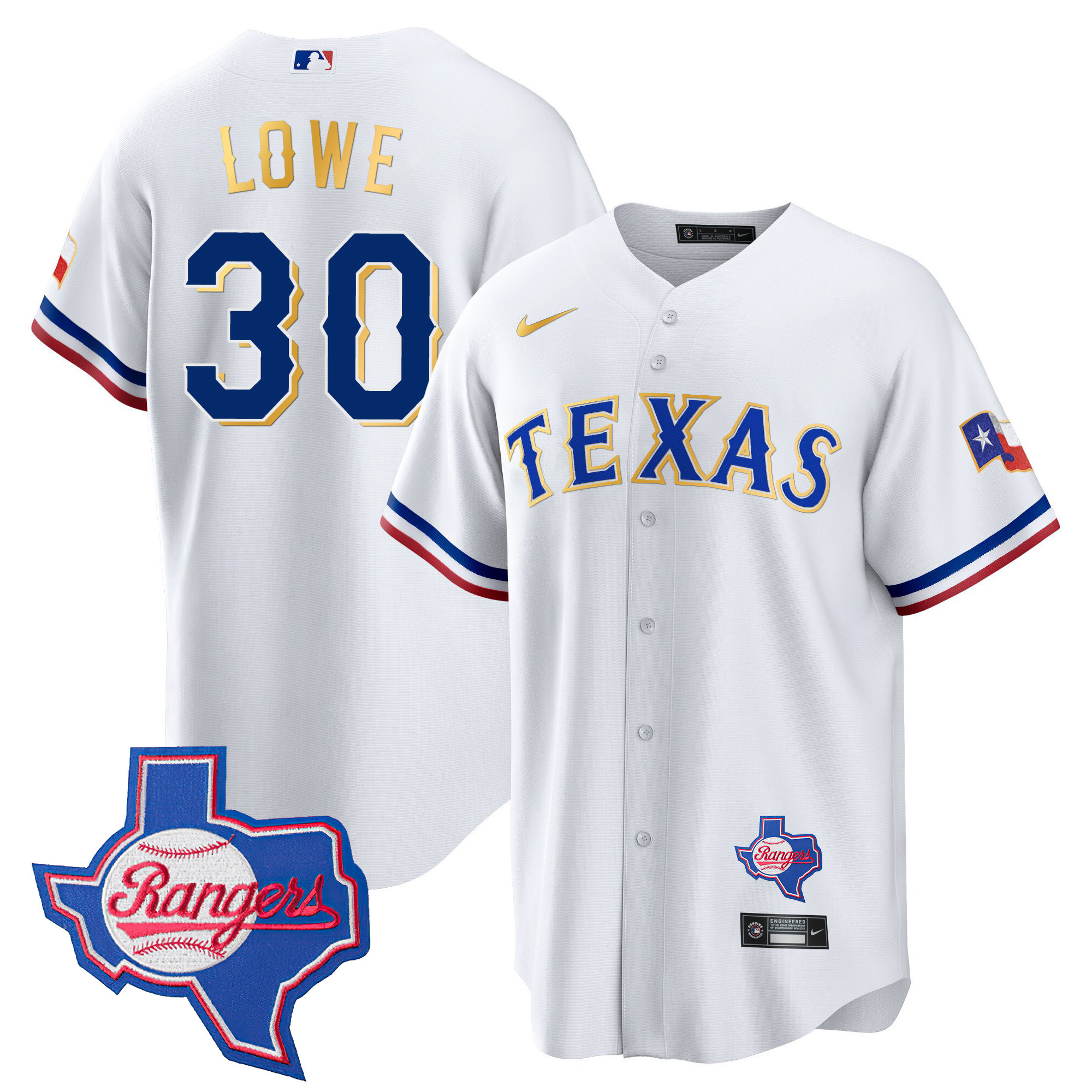Men's Texas Rangers Gold Trim Cool Base Jersey - Texas Patch - All Stitched - Image 34