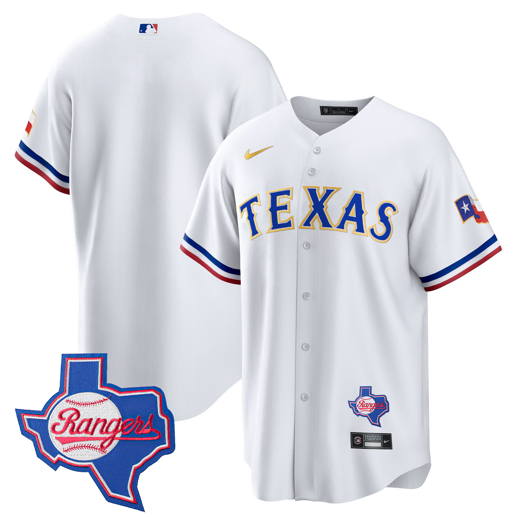 Men's Texas Rangers Gold Trim Cool Base Jersey - Texas Patch - All Stitched - Image 40