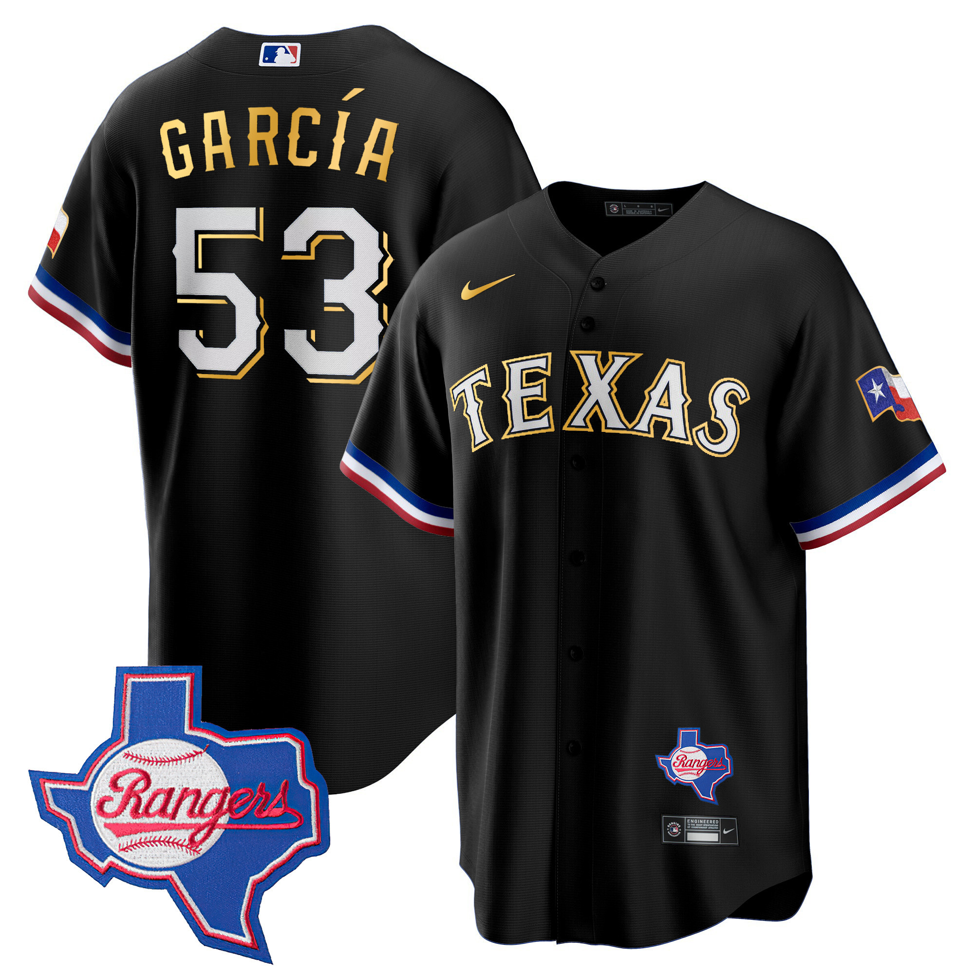 Men's Texas Rangers Gold Trim Cool Base Jersey - Texas Patch - All Stitched - Image 45