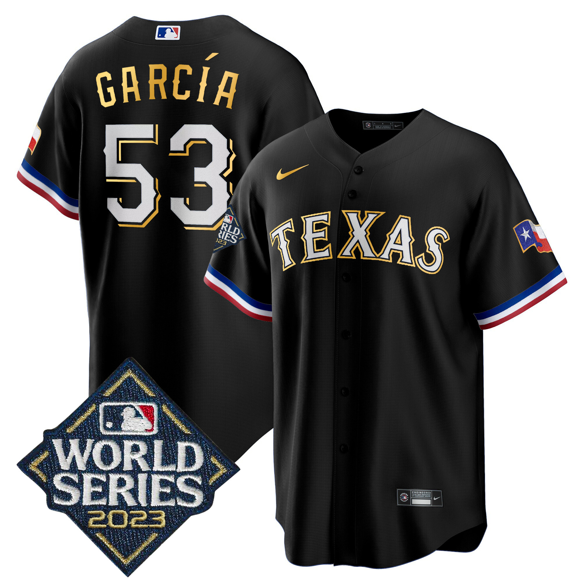 Men's Texas Rangers 2023 World Series Cool Base Gold Trim Jersey - All Stitched - Image 45