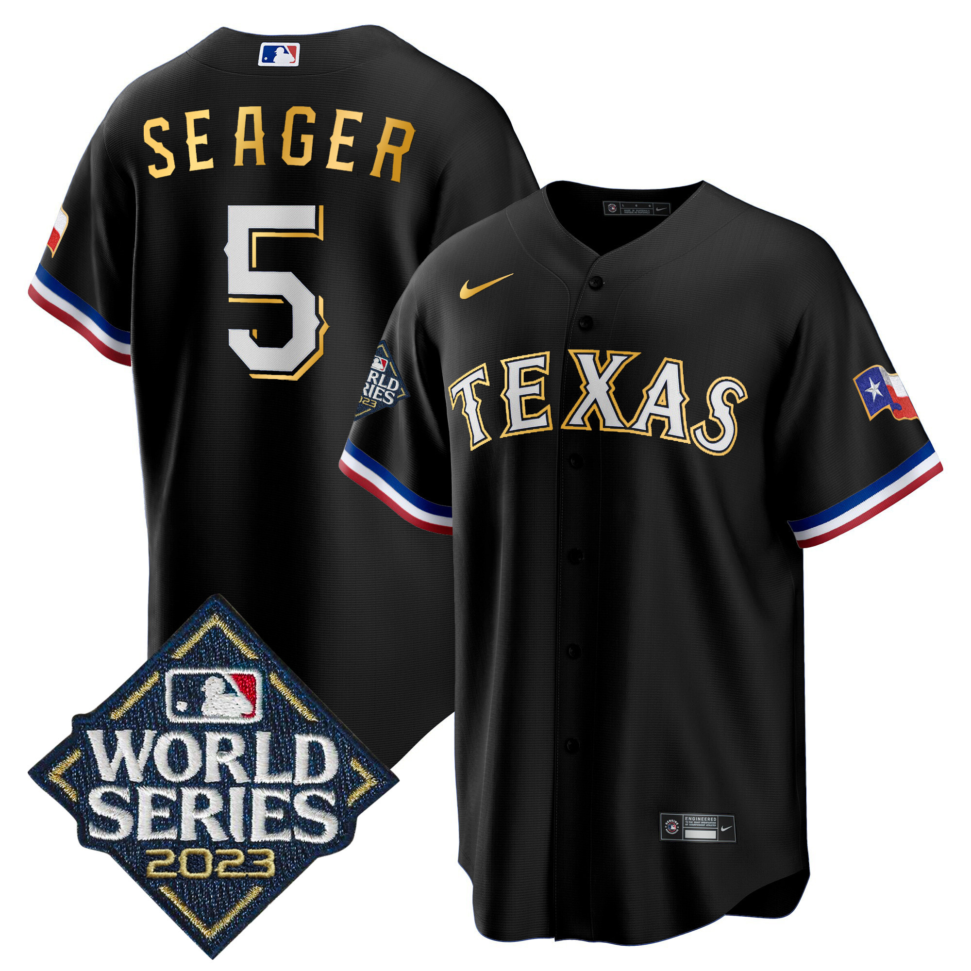 Men's Texas Rangers 2023 World Series Cool Base Gold Trim Jersey - All Stitched - Image 41