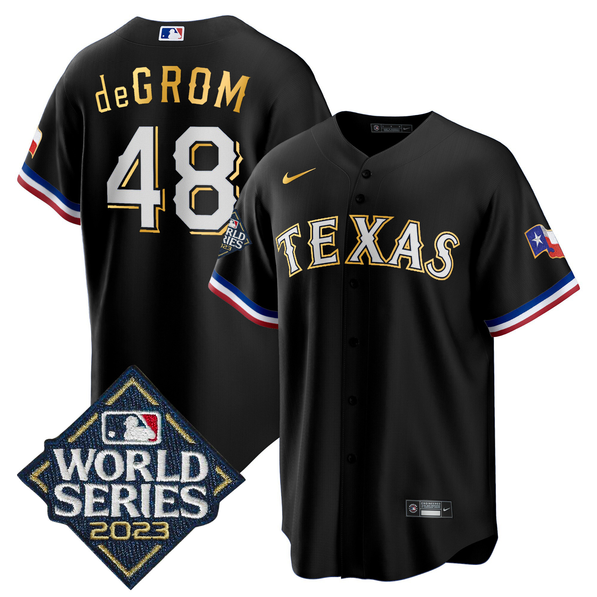 Men's Texas Rangers 2023 World Series Cool Base Gold Trim Jersey - All Stitched - Image 43