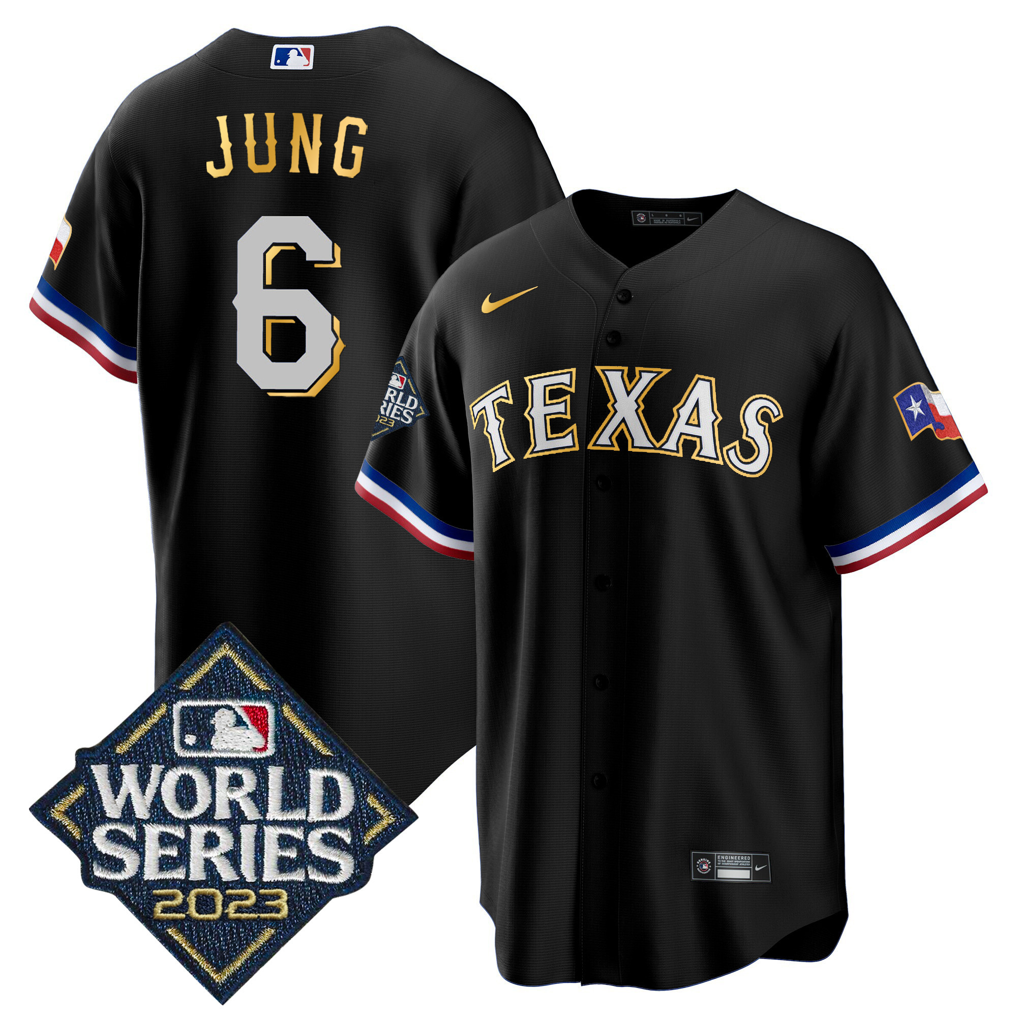 Men's Texas Rangers 2023 World Series Cool Base Gold Trim Jersey - All Stitched - Image 46