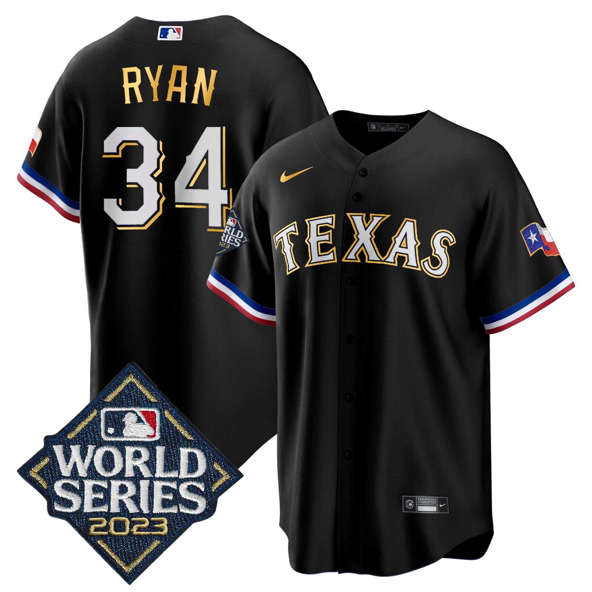 Men's Texas Rangers 2023 World Series Cool Base Gold Trim Jersey - All Stitched - Image 49