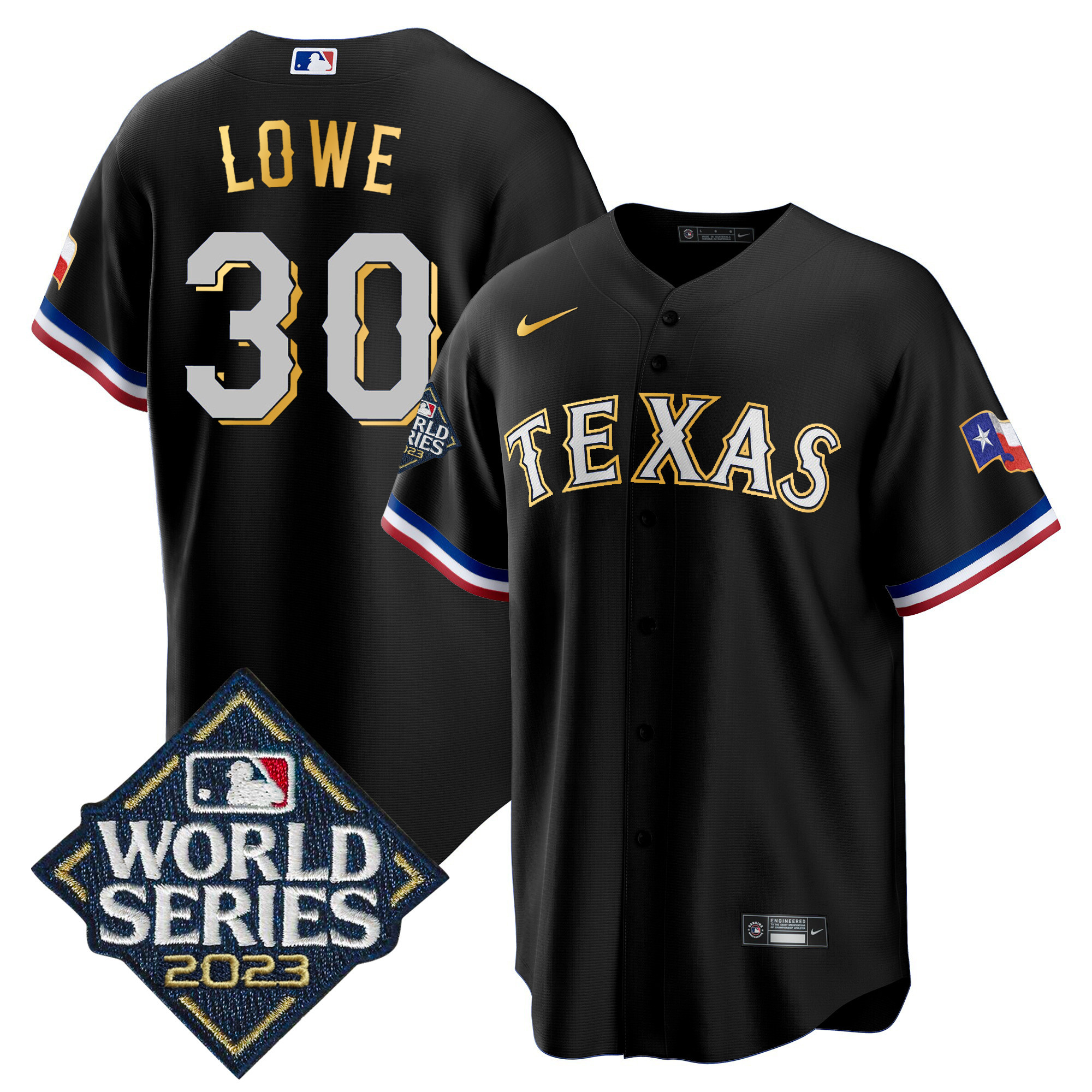 Men's Texas Rangers 2023 World Series Cool Base Gold Trim Jersey - All Stitched - Image 44