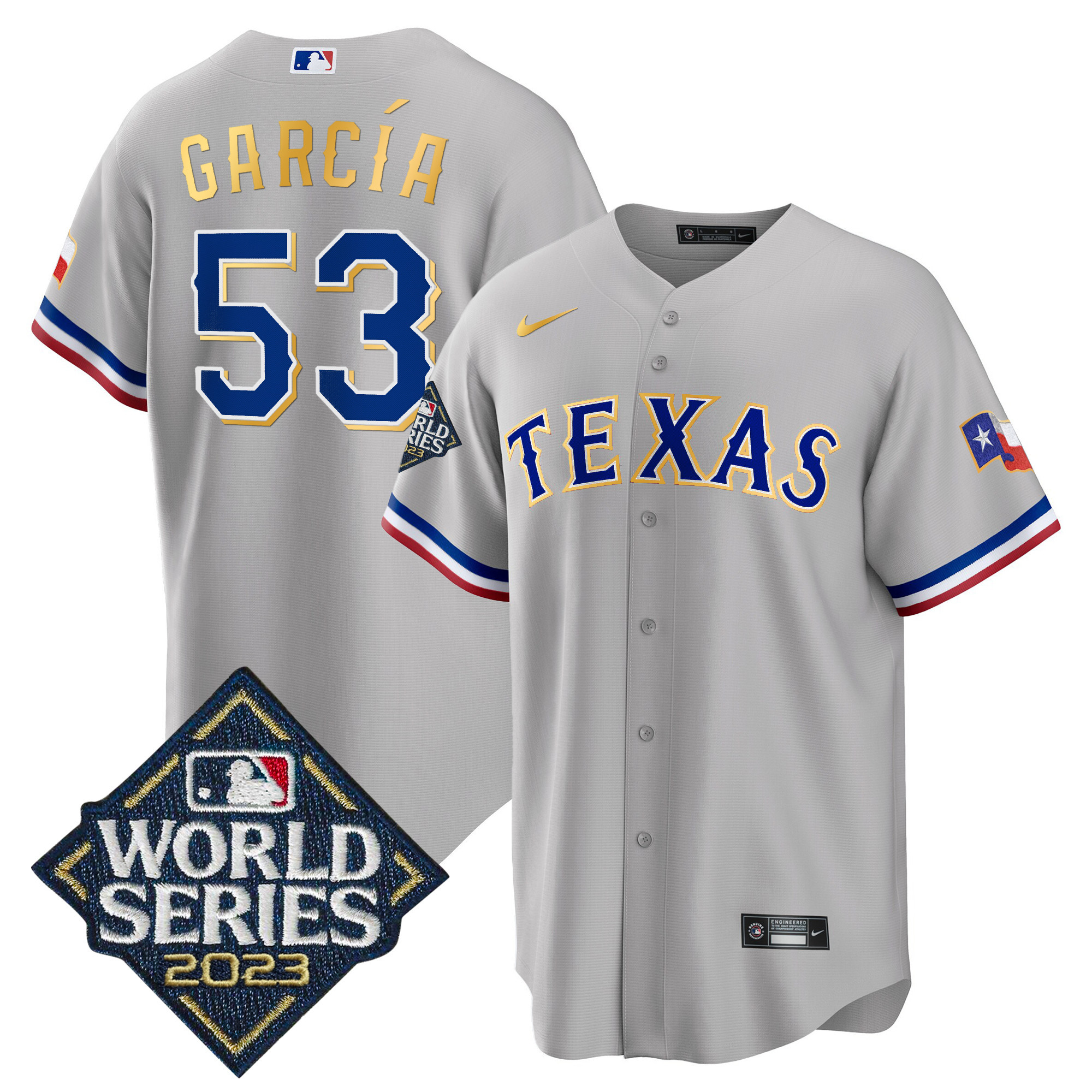 Men's Texas Rangers 2023 World Series Cool Base Gold Trim Jersey - All Stitched - Image 25