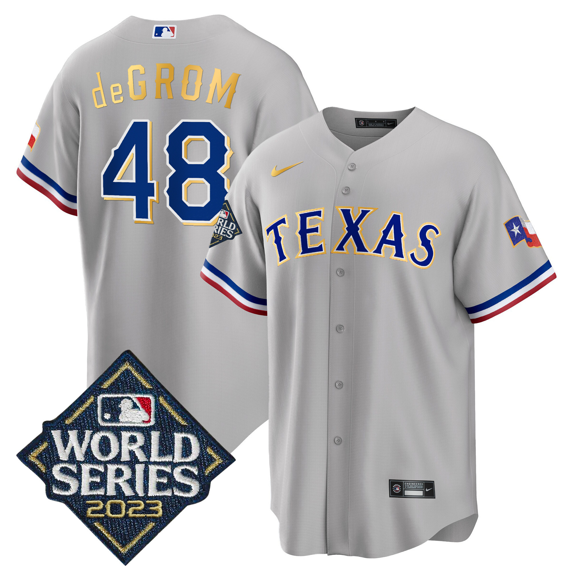 Men's Texas Rangers 2023 World Series Cool Base Gold Trim Jersey - All Stitched - Image 23