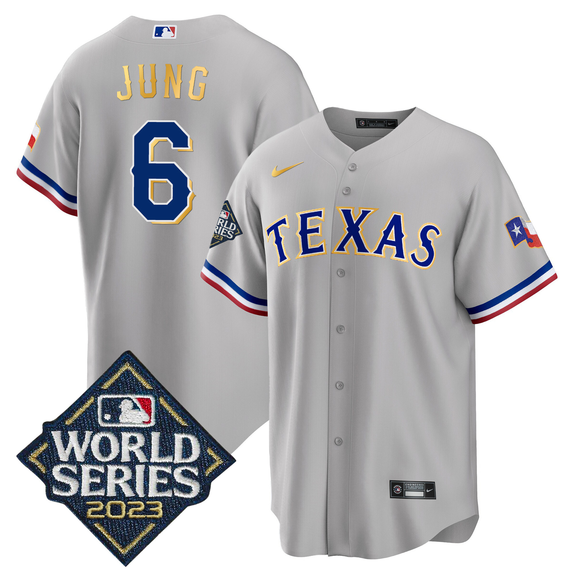 Men's Texas Rangers 2023 World Series Cool Base Gold Trim Jersey - All Stitched - Image 26