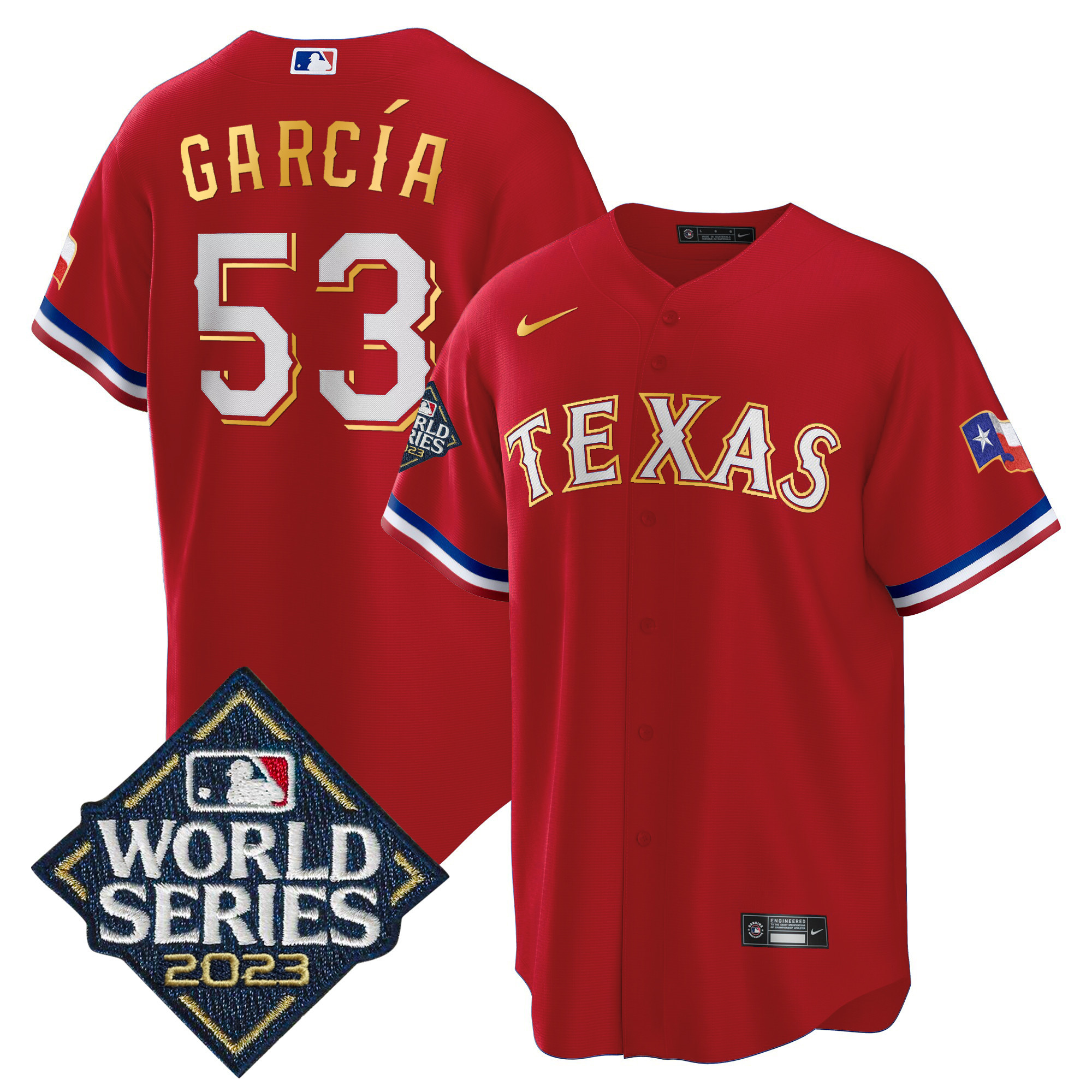 Men's Texas Rangers 2023 World Series Cool Base Gold Trim Jersey - All Stitched - Image 15