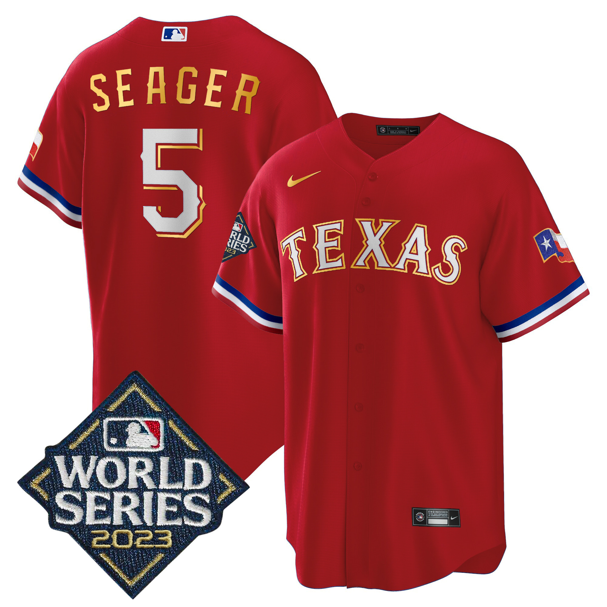 Men's Texas Rangers 2023 World Series Cool Base Gold Trim Jersey - All Stitched - Image 11
