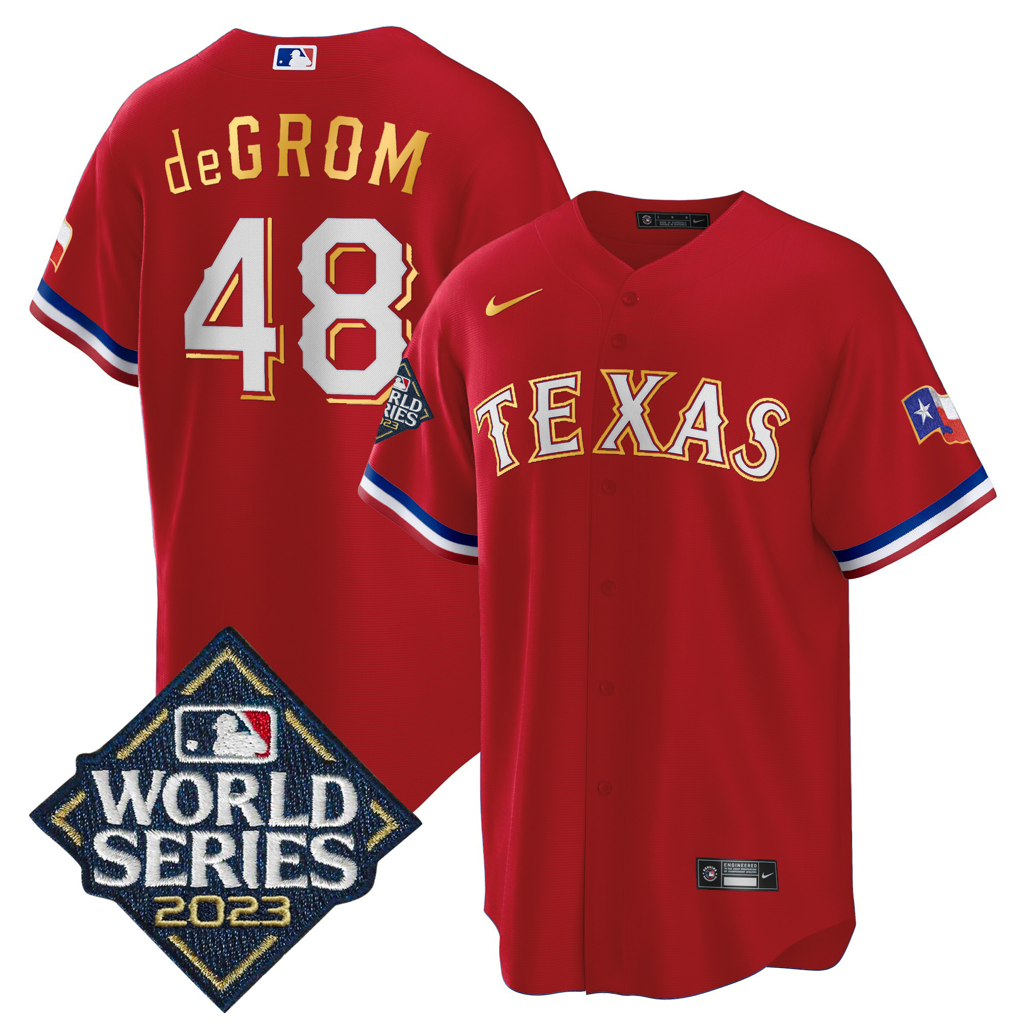 Men's Texas Rangers 2023 World Series Cool Base Gold Trim Jersey - All Stitched - Image 13