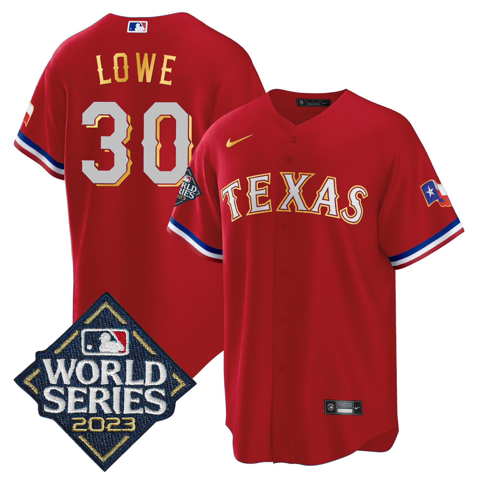 Men's Texas Rangers 2023 World Series Cool Base Gold Trim Jersey - All Stitched - Image 14