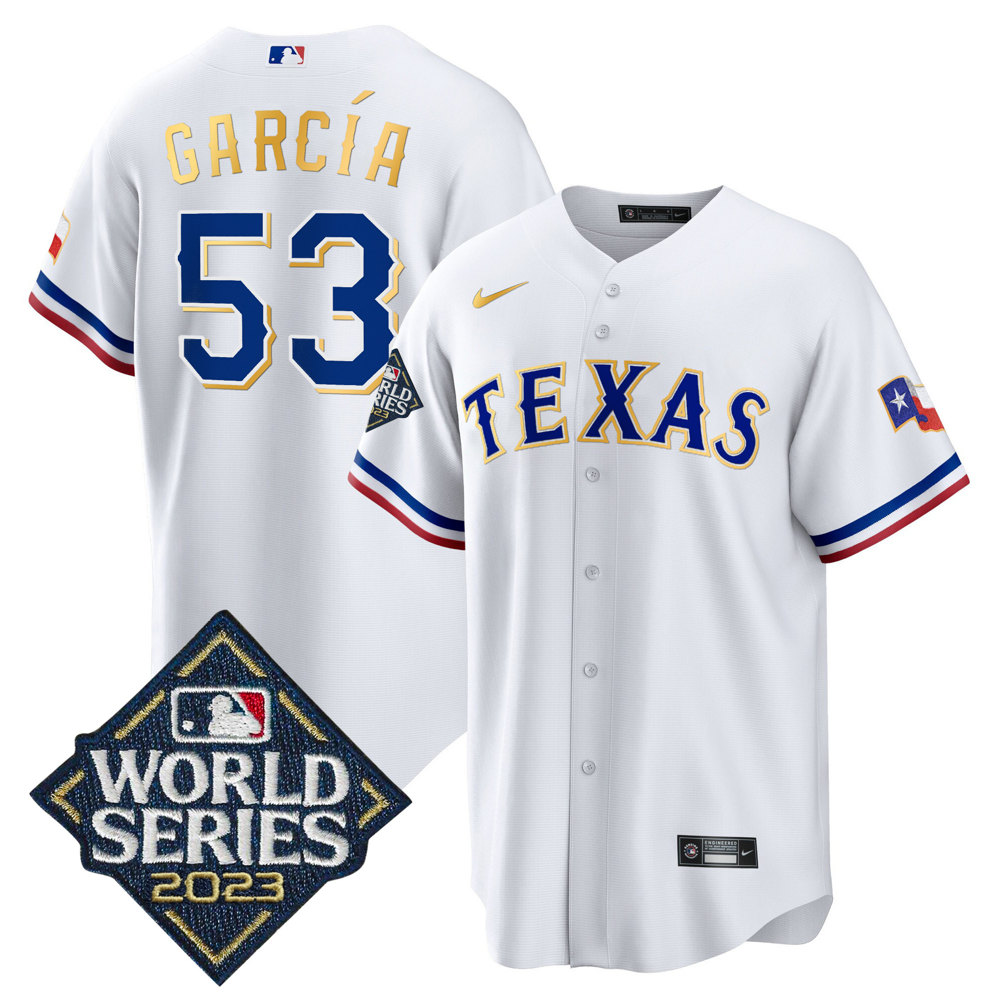 Men's Texas Rangers 2023 World Series Cool Base Gold Trim Jersey - All Stitched - Image 35