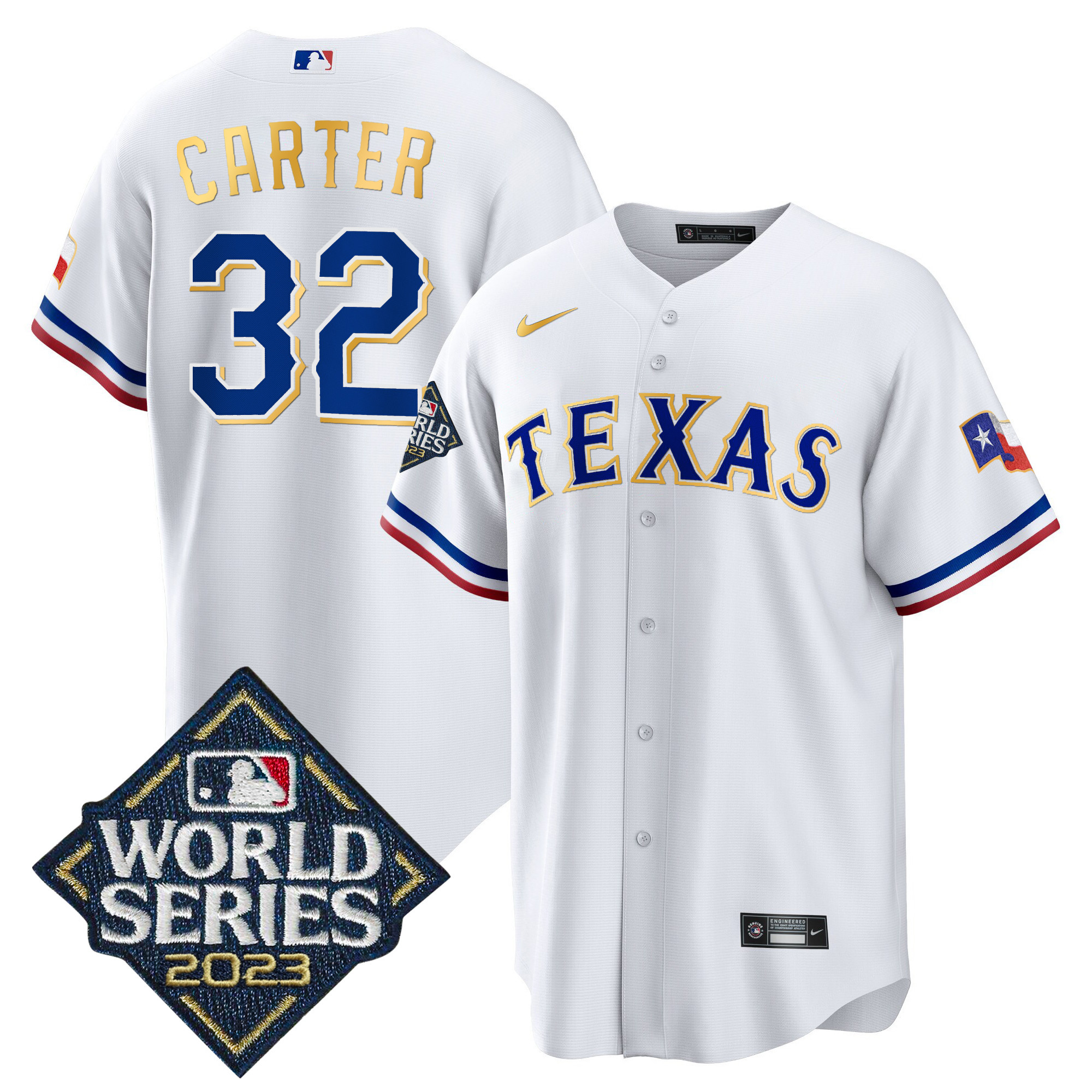 Men's Texas Rangers 2023 World Series Cool Base Gold Trim Jersey - All Stitched - Image 37