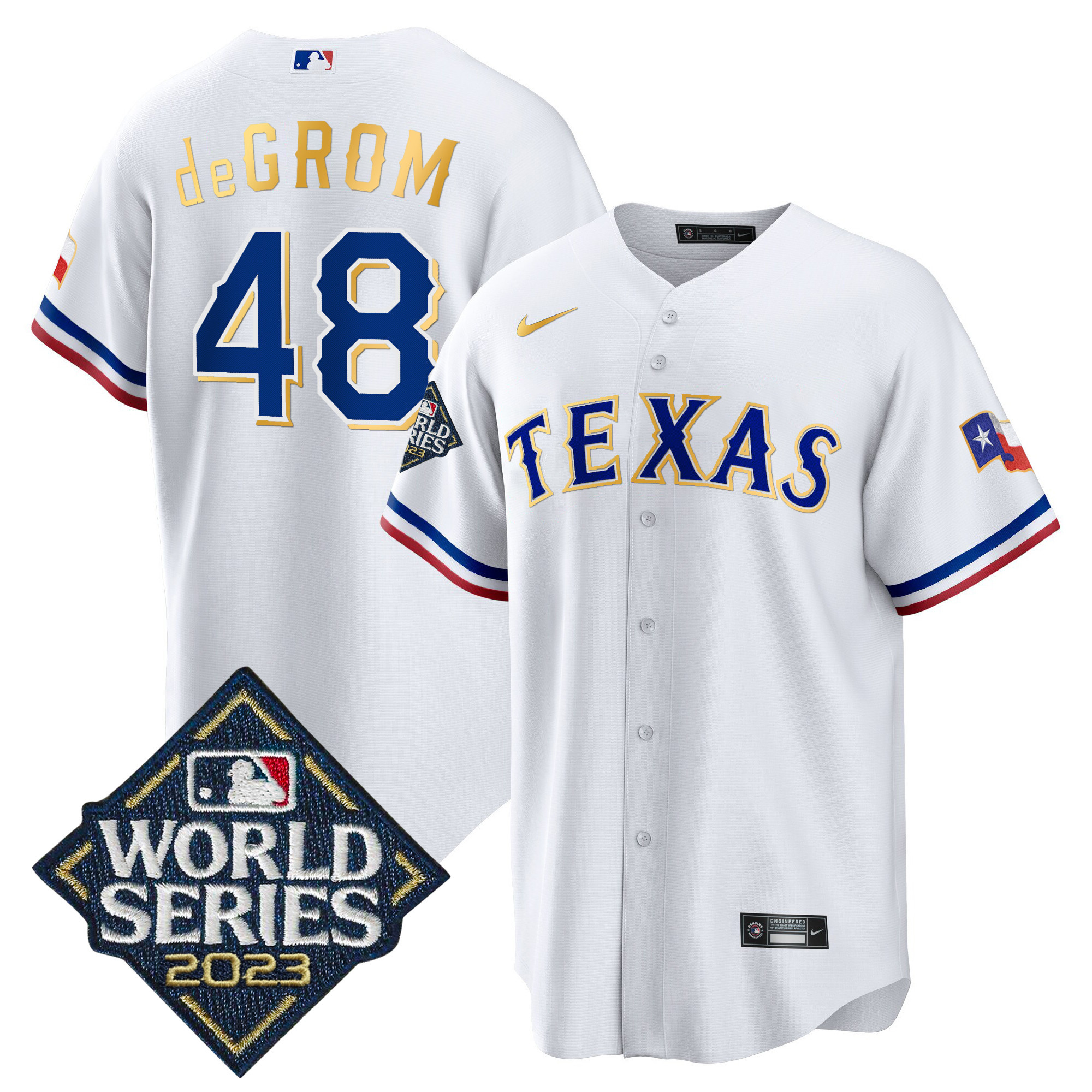 Men's Texas Rangers 2023 World Series Cool Base Gold Trim Jersey - All Stitched - Image 33