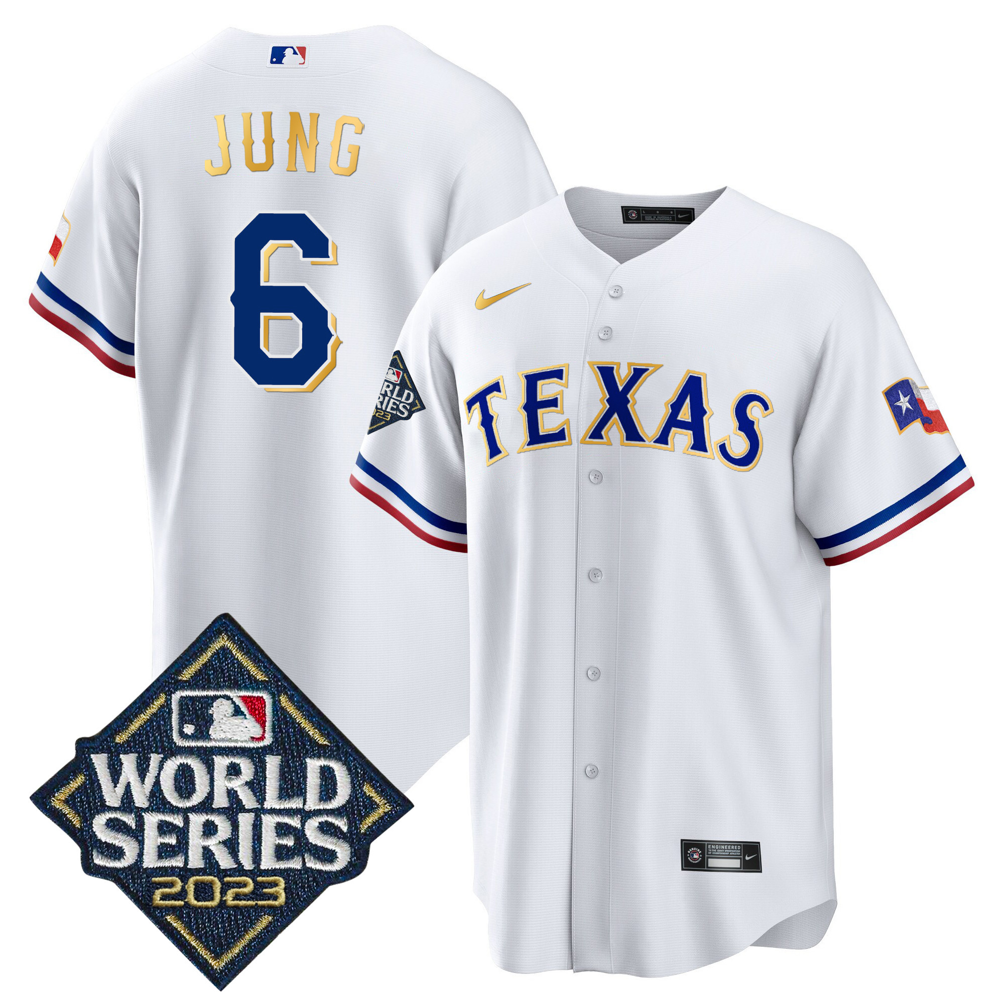 Men's Texas Rangers 2023 World Series Cool Base Gold Trim Jersey - All Stitched - Image 36