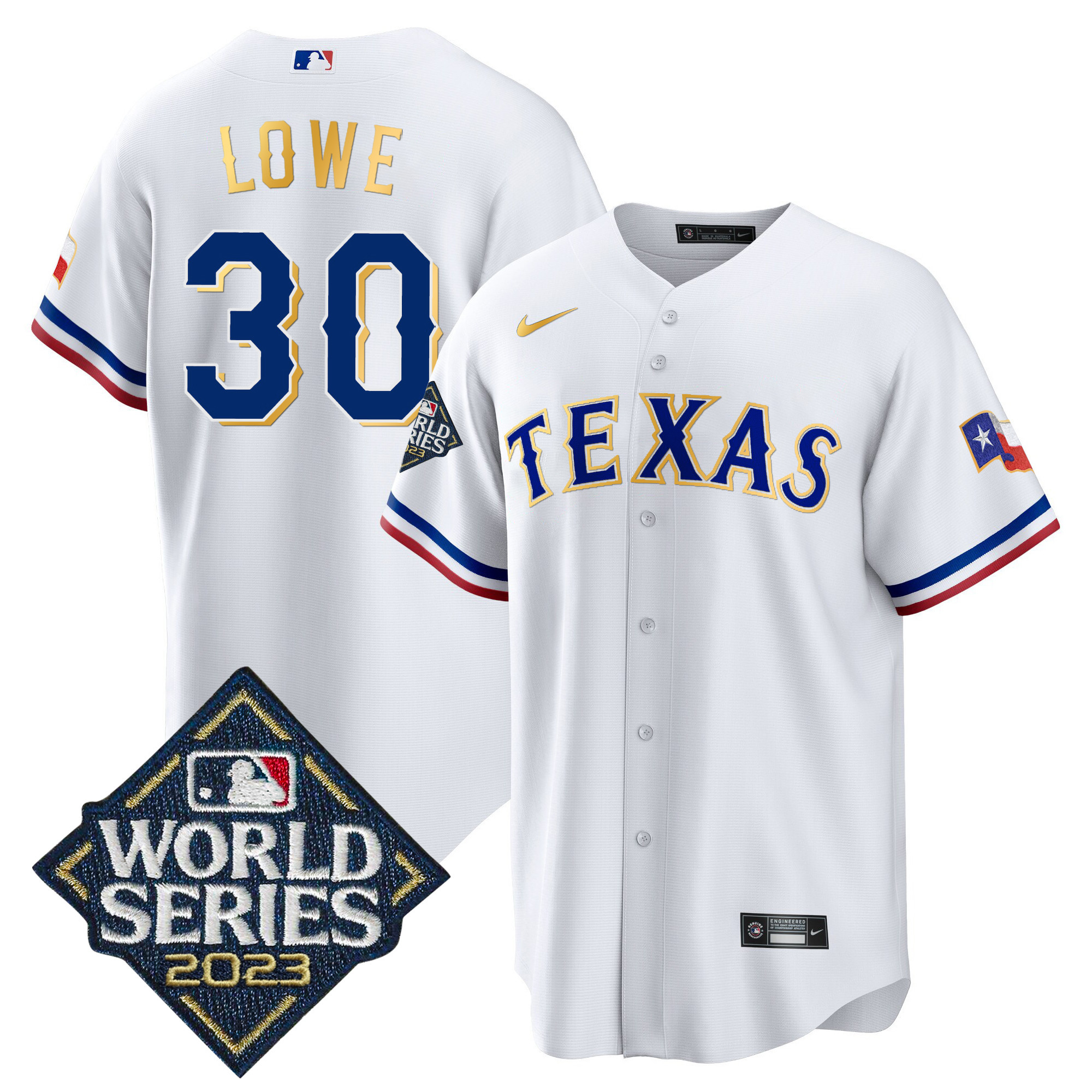 Men's Texas Rangers 2023 World Series Cool Base Gold Trim Jersey - All Stitched - Image 34