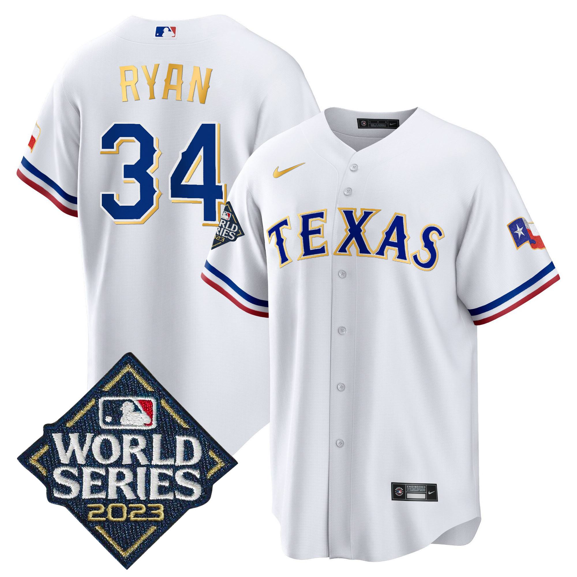 Men's Texas Rangers 2023 World Series Cool Base Gold Trim Jersey - All Stitched - Image 39
