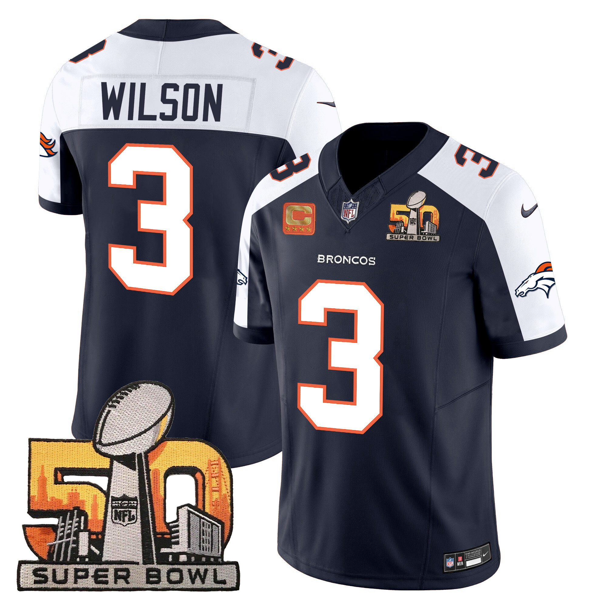 Russell Wilson Denver Broncos Super Bowl 50 Patch Vapor Jersey - All Stitched - Image 2