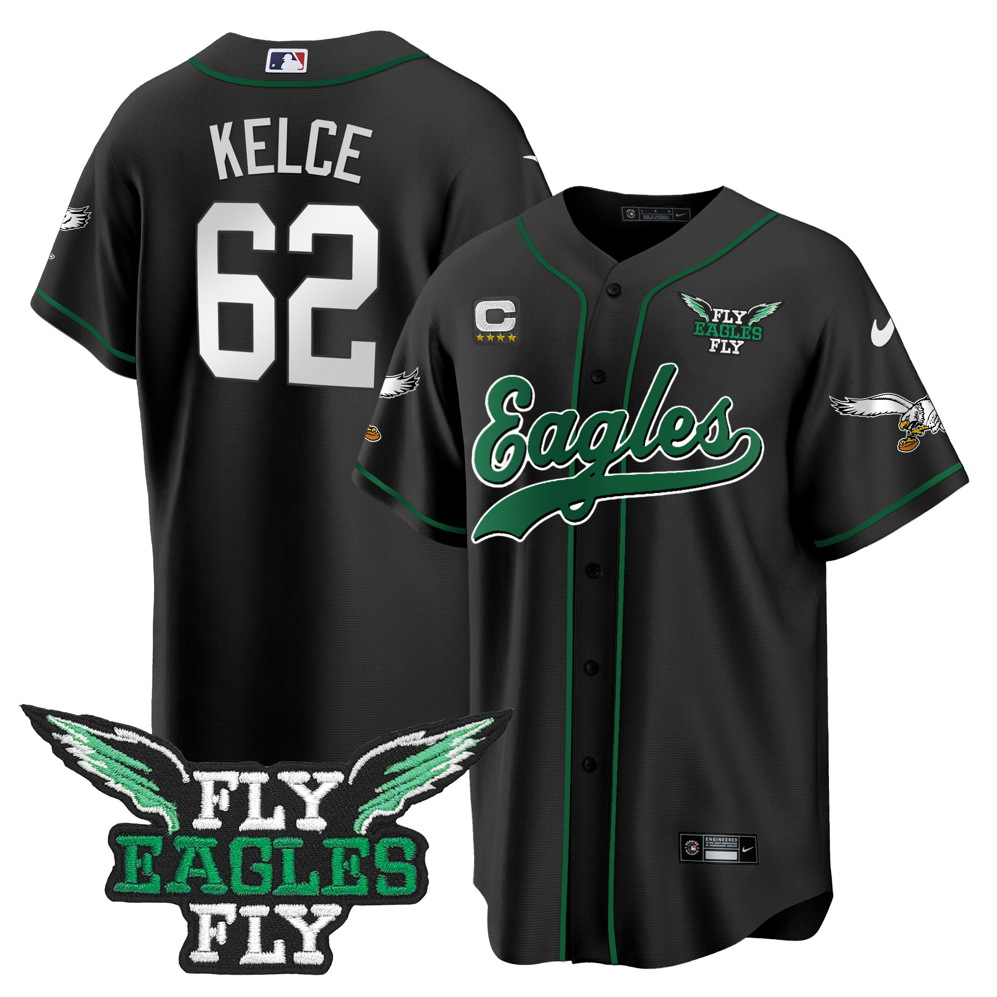 Men's Fly Eagles Fly Patch Throwback Kelly Green Baseball Jersey - All Stitched - Image 51