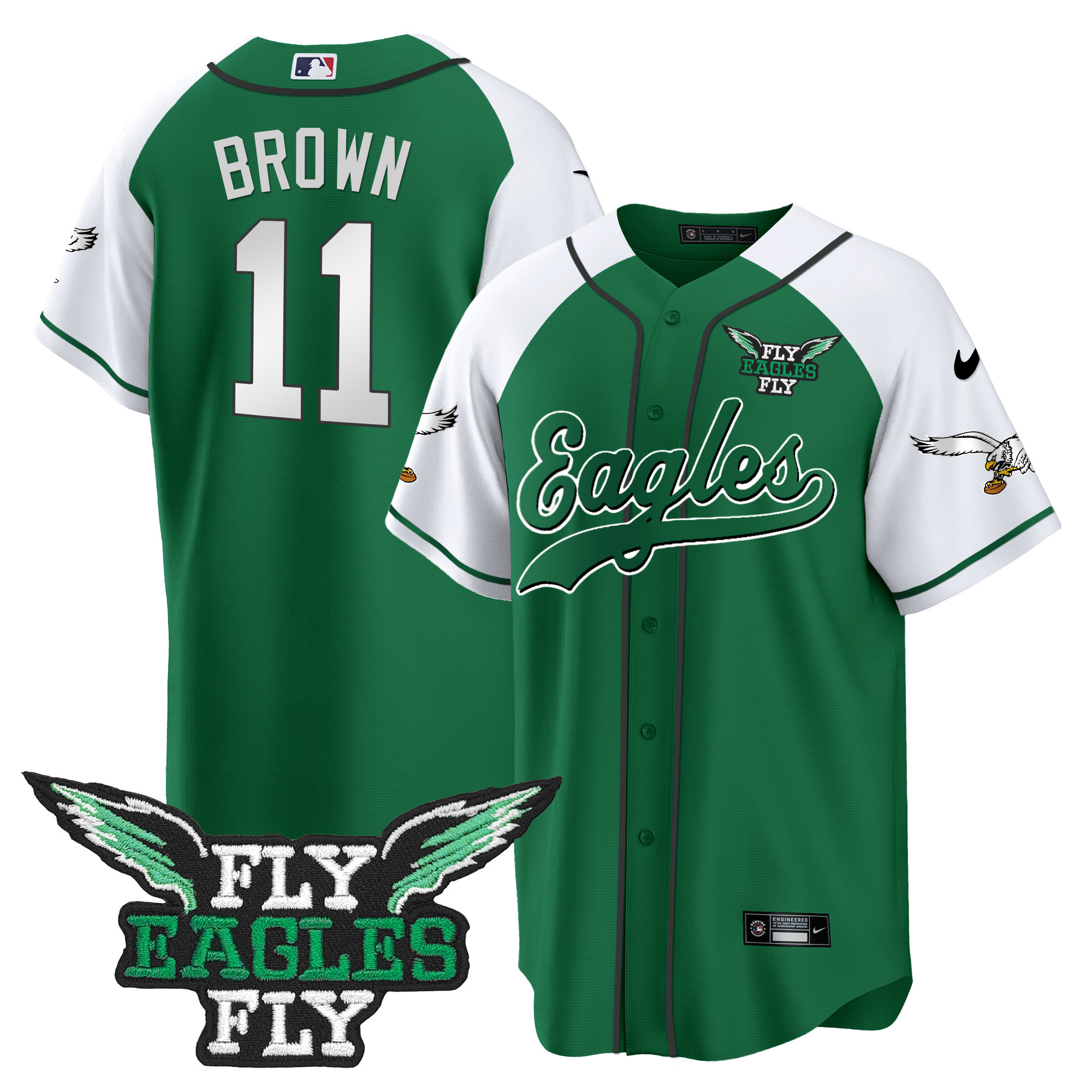 Men's Fly Eagles Fly Patch Throwback Kelly Green Baseball Jersey - All Stitched - Image 17