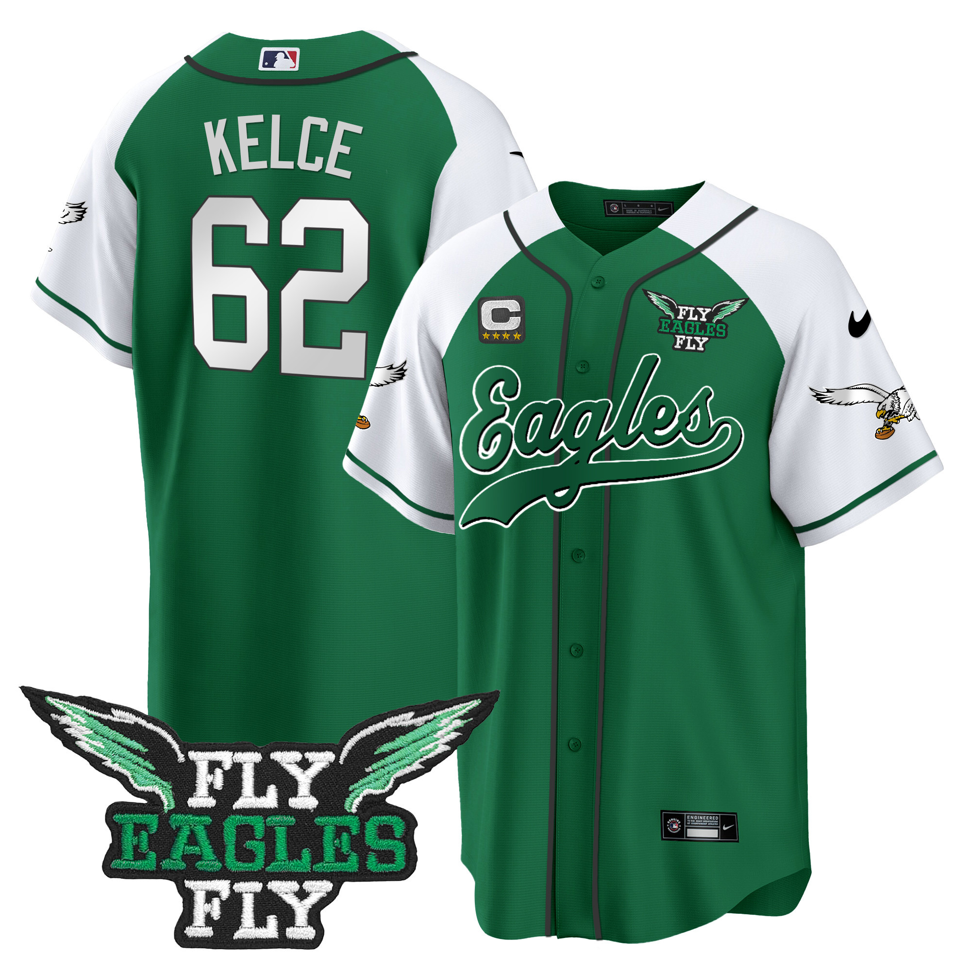 Men's Fly Eagles Fly Patch Throwback Kelly Green Baseball Jersey - All Stitched - Image 18