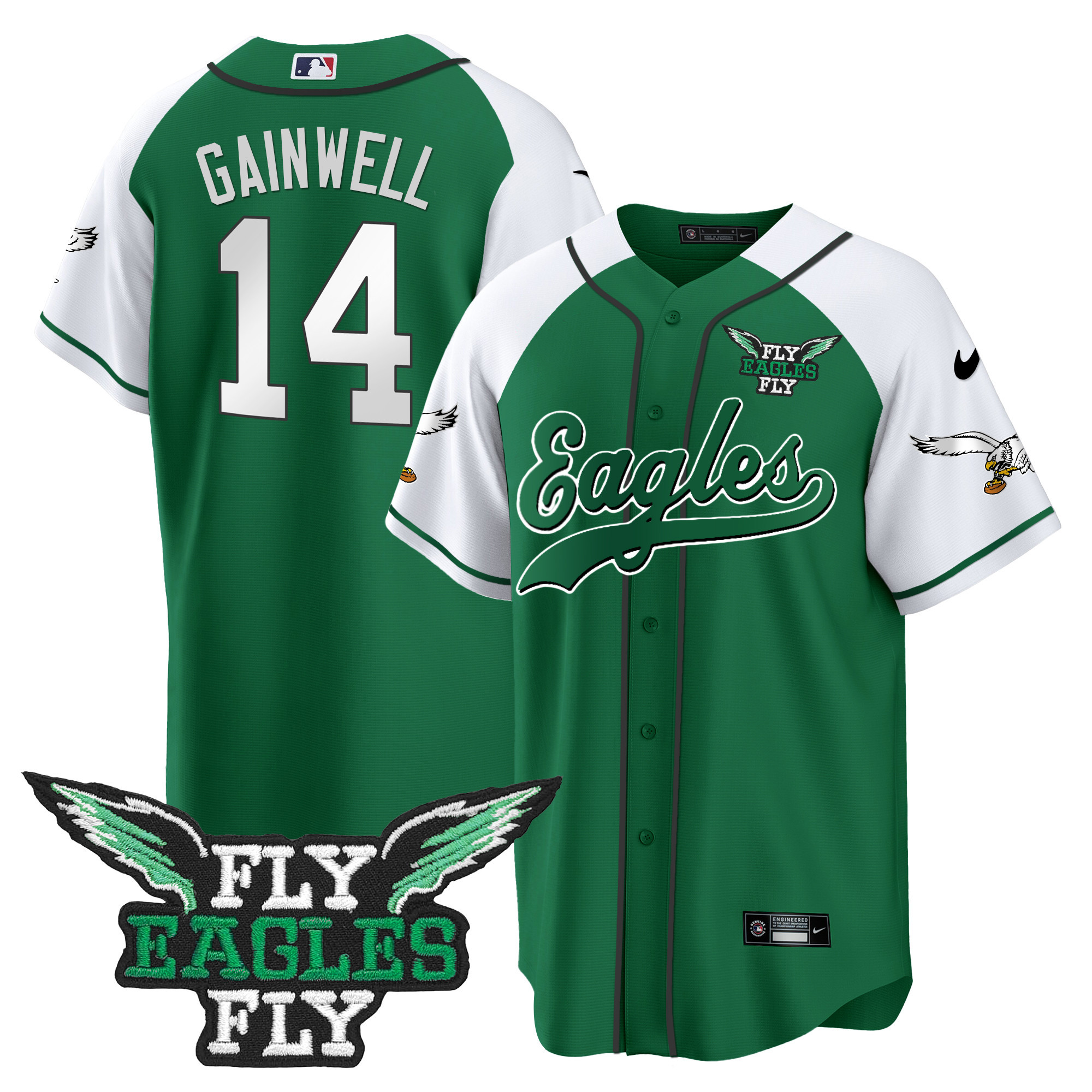 Men's Fly Eagles Fly Patch Throwback Kelly Green Baseball Jersey - All Stitched - Image 21