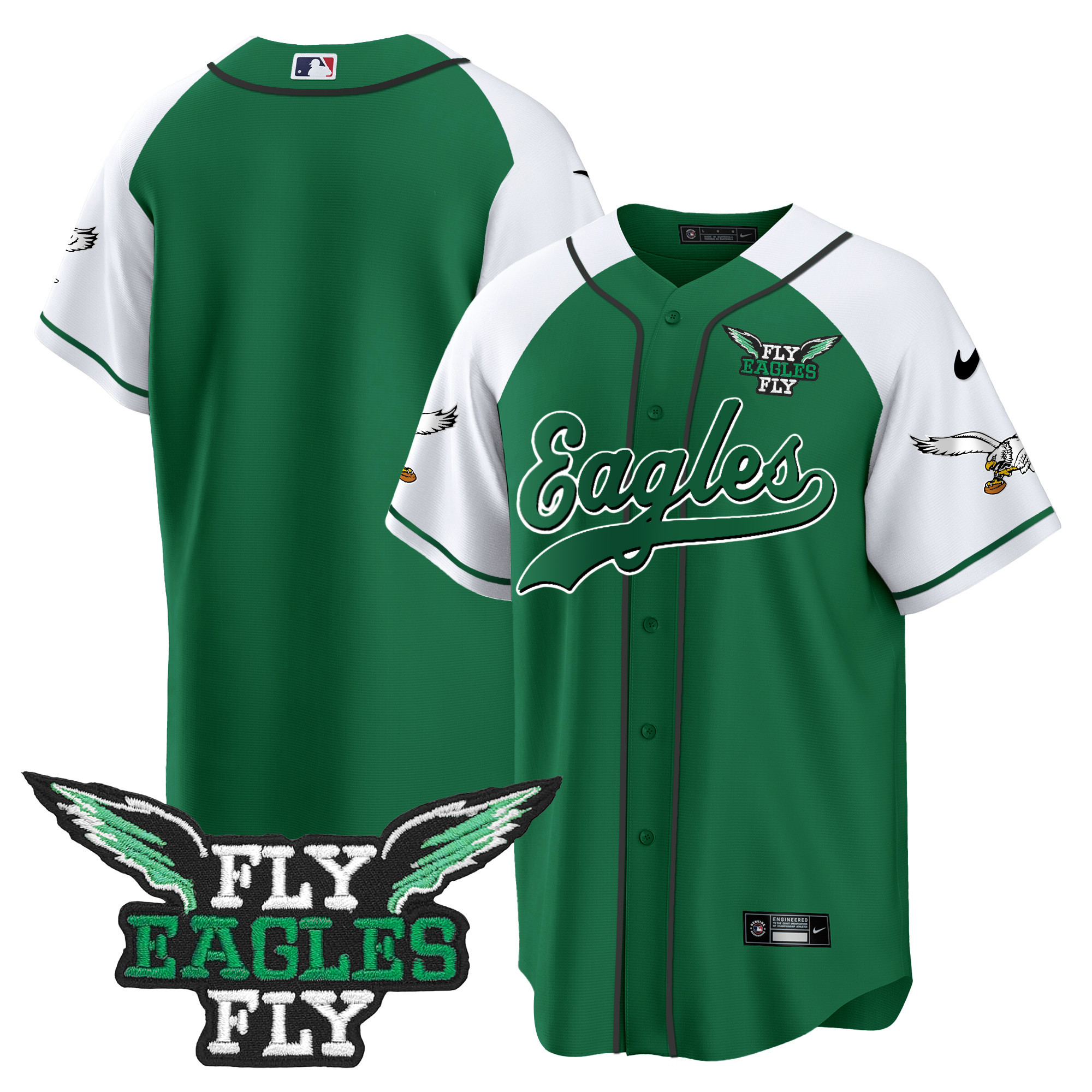 Men's Fly Eagles Fly Patch Throwback Kelly Green Baseball Jersey - All Stitched - Image 22