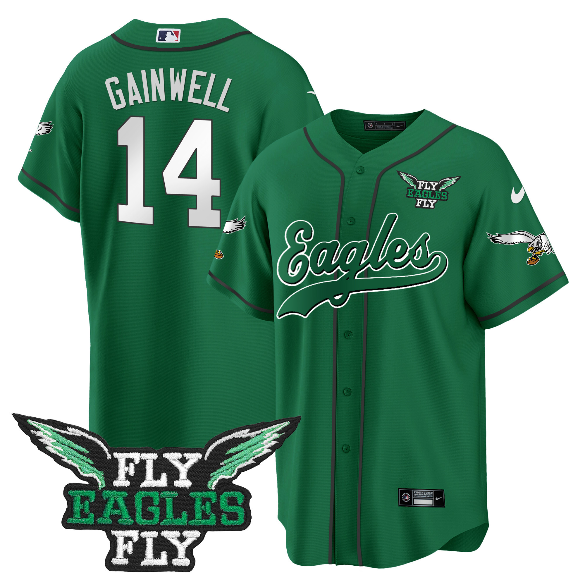 Men's Fly Eagles Fly Patch Throwback Kelly Green Baseball Jersey - All Stitched - Image 43