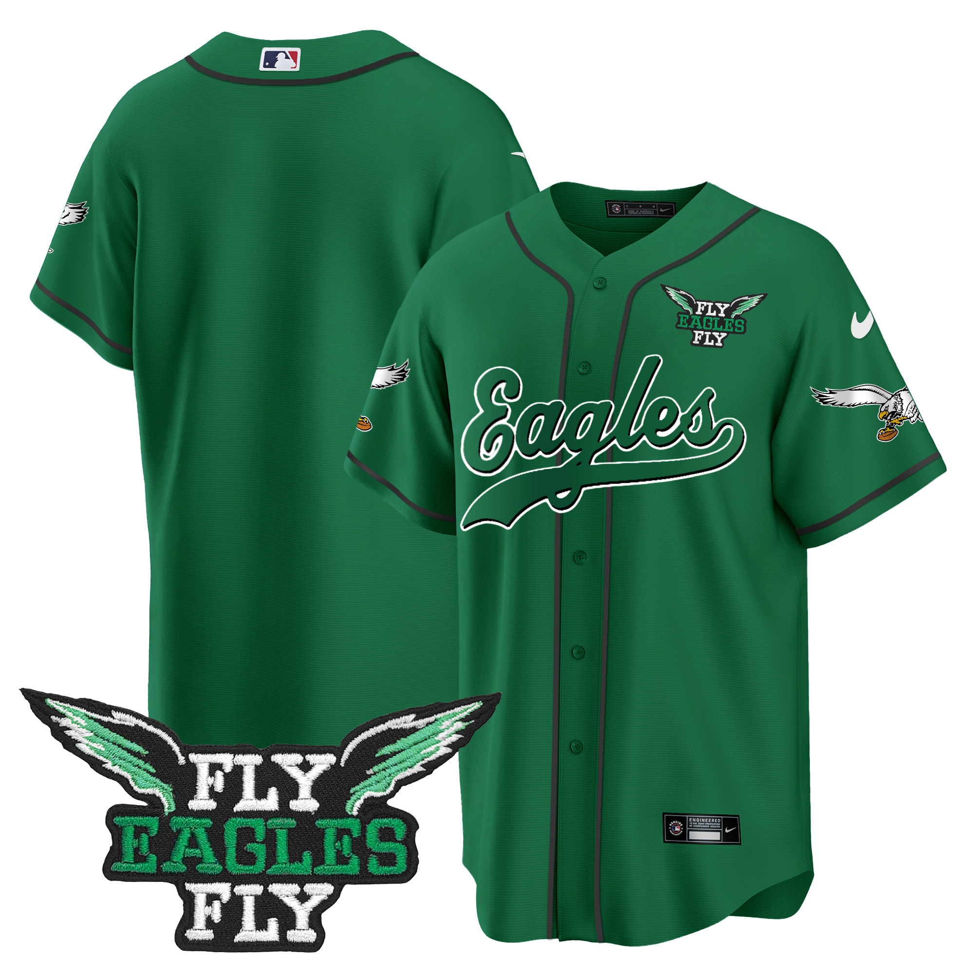 Men's Fly Eagles Fly Patch Throwback Kelly Green Baseball Jersey - All Stitched - Image 44