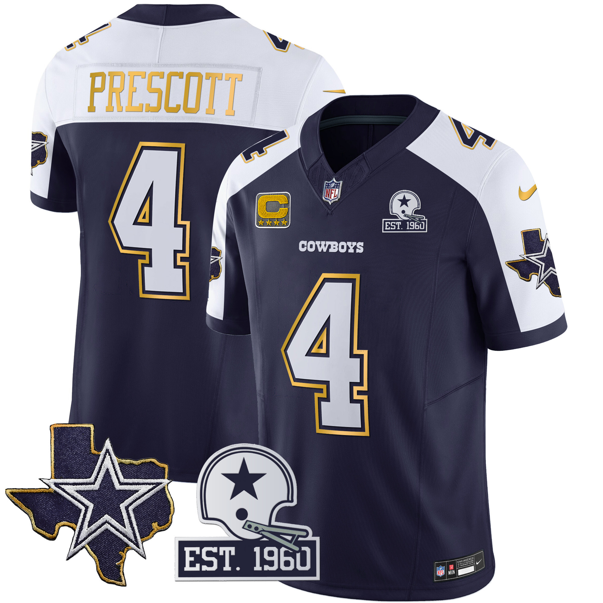 Men's Cowboys Texas Patch Gold Trim Vapor Jersey - All Stitched - Image 2