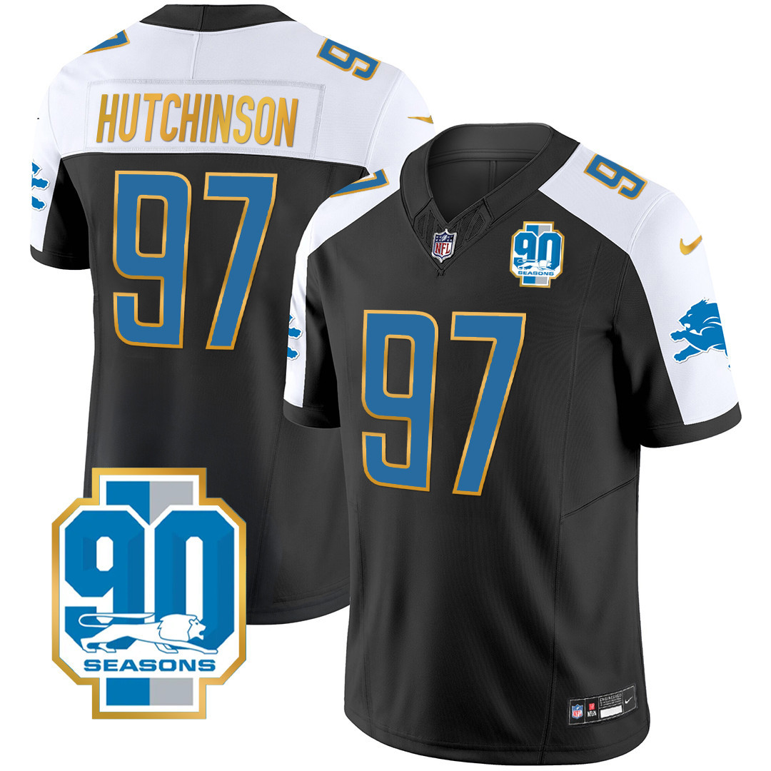 Men's Detroit Lions 90th Year Patch Gold Trim Jersey - All Stitched