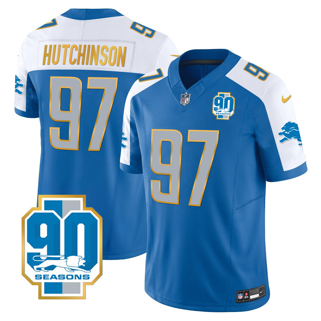 Men's Detroit Lions 90th Year Patch Gold Trim Jersey - All Stitched - Image 7