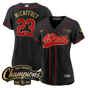 Women's 49ers 2023 NFC West Champions Baseball Gold Trim Jersey - All Stitched