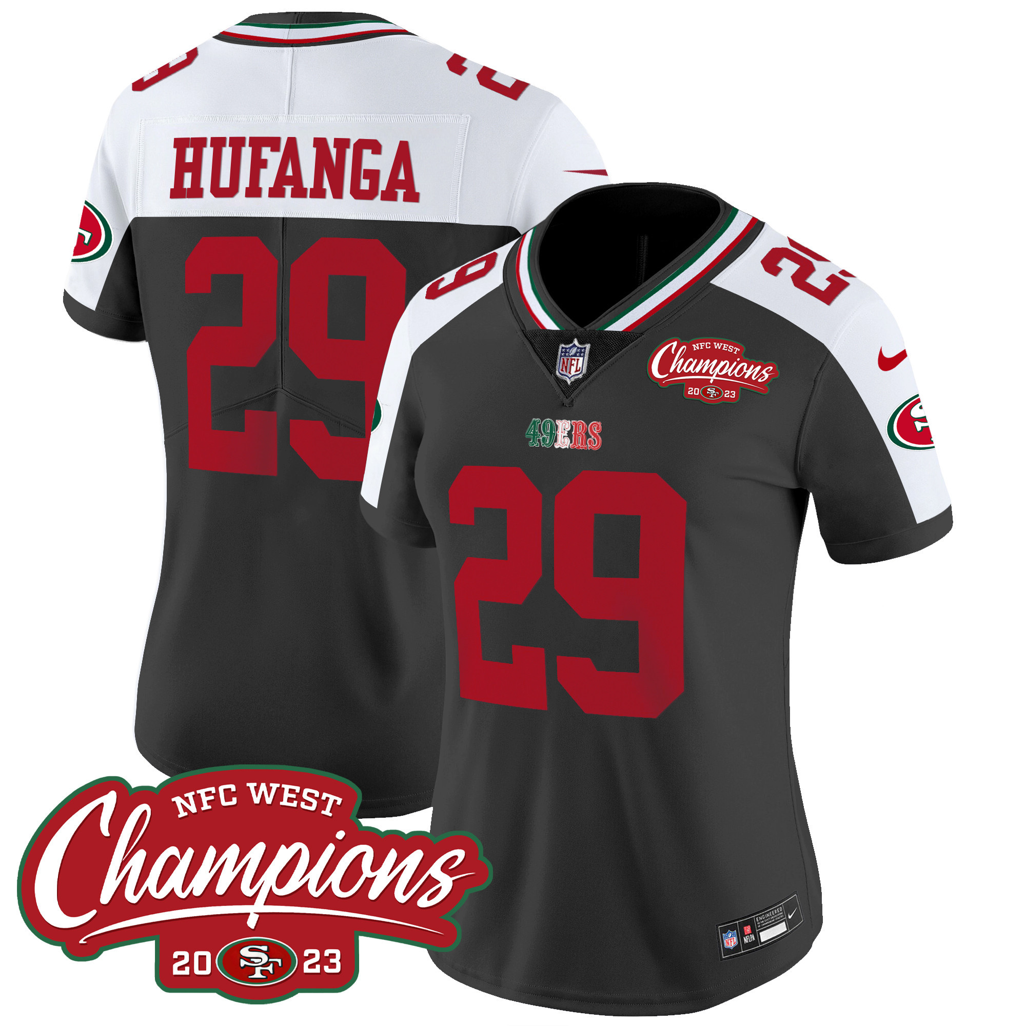 Women's 49ers Mexico 2023 NFC West Champions Patch Vapor Jersey - All Stitched - Image 40