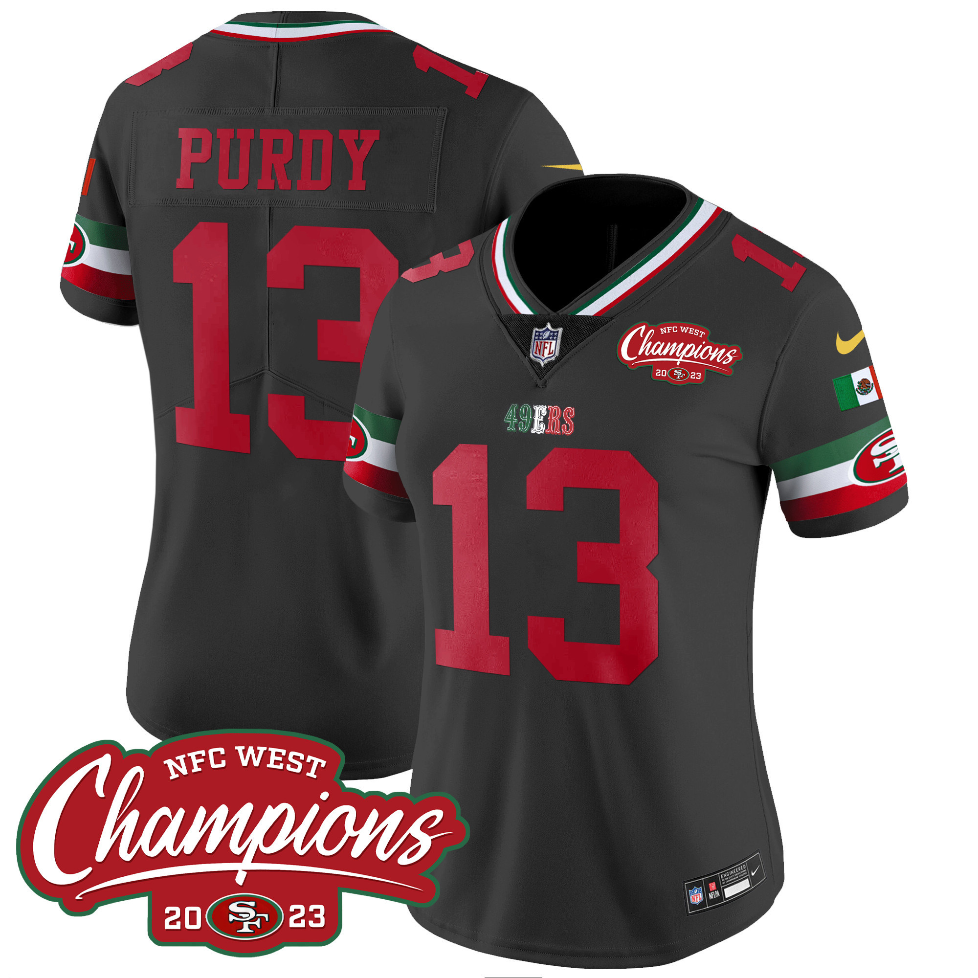 Women's 49ers Mexico 2023 NFC West Champions Patch Vapor Jersey - All Stitched - Image 23