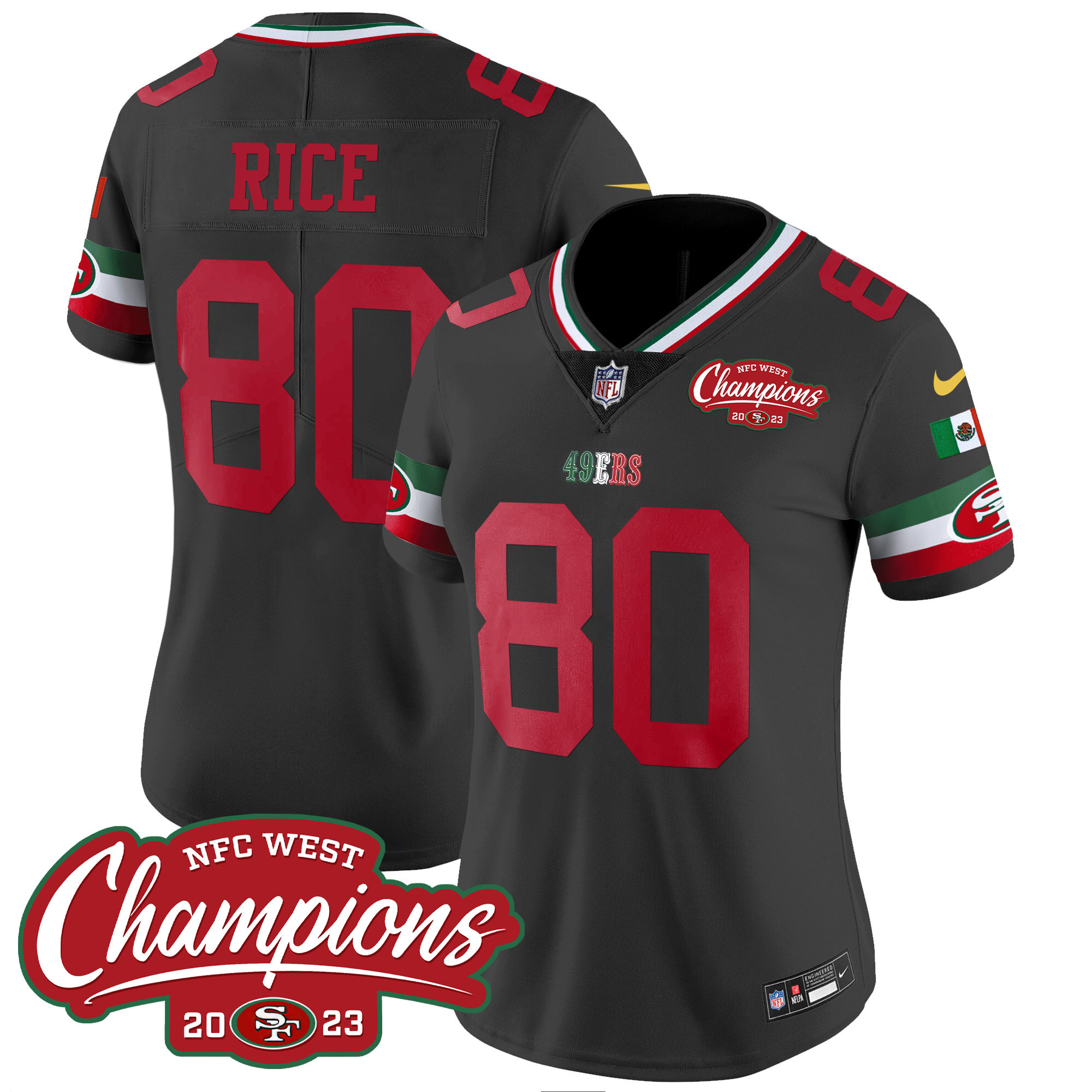 Women's 49ers Mexico 2023 NFC West Champions Patch Vapor Jersey - All Stitched - Image 26