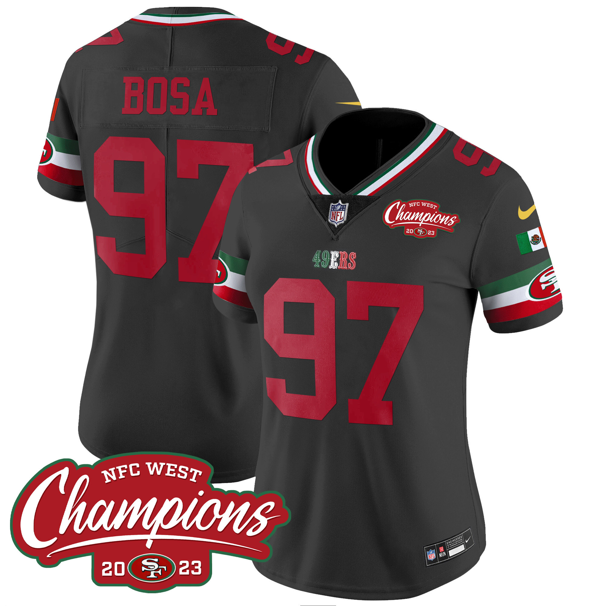 Women's 49ers Mexico 2023 NFC West Champions Patch Vapor Jersey - All Stitched - Image 27