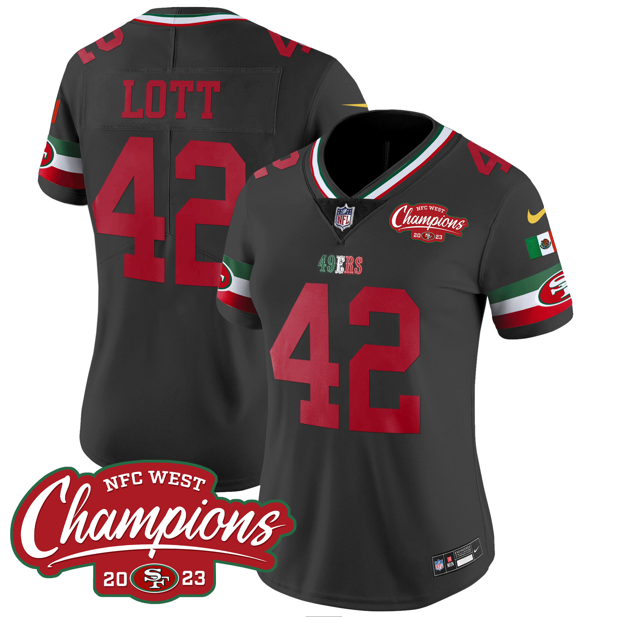 Women's 49ers Mexico 2023 NFC West Champions Patch Vapor Jersey - All Stitched - Image 29