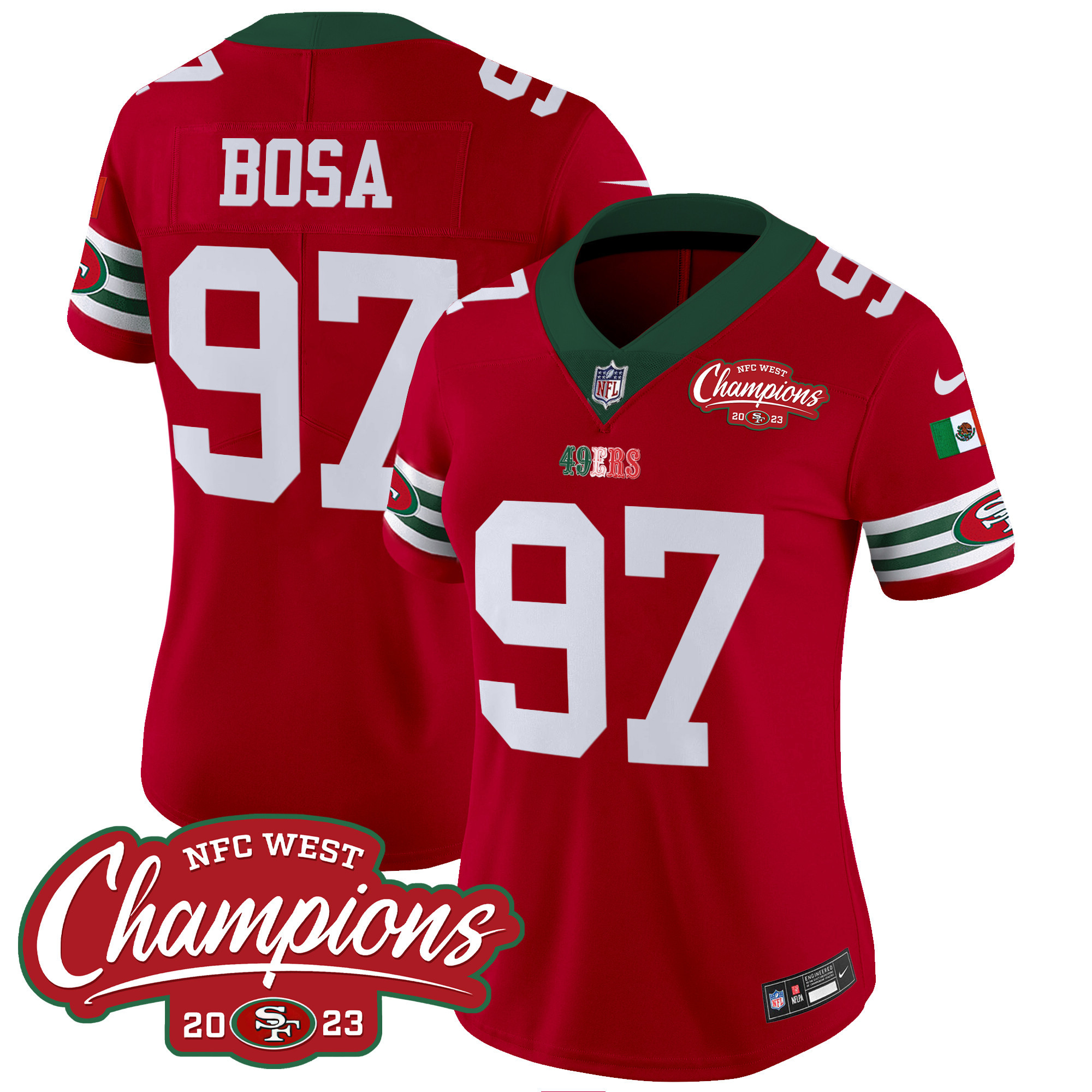 Women's 49ers Mexico 2023 NFC West Champions Patch Vapor Jersey - All Stitched - Image 17