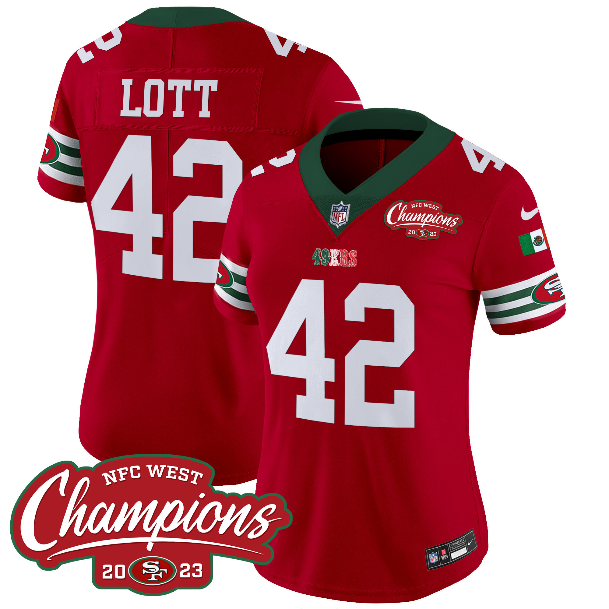 Women's 49ers Mexico 2023 NFC West Champions Patch Vapor Jersey - All Stitched - Image 19