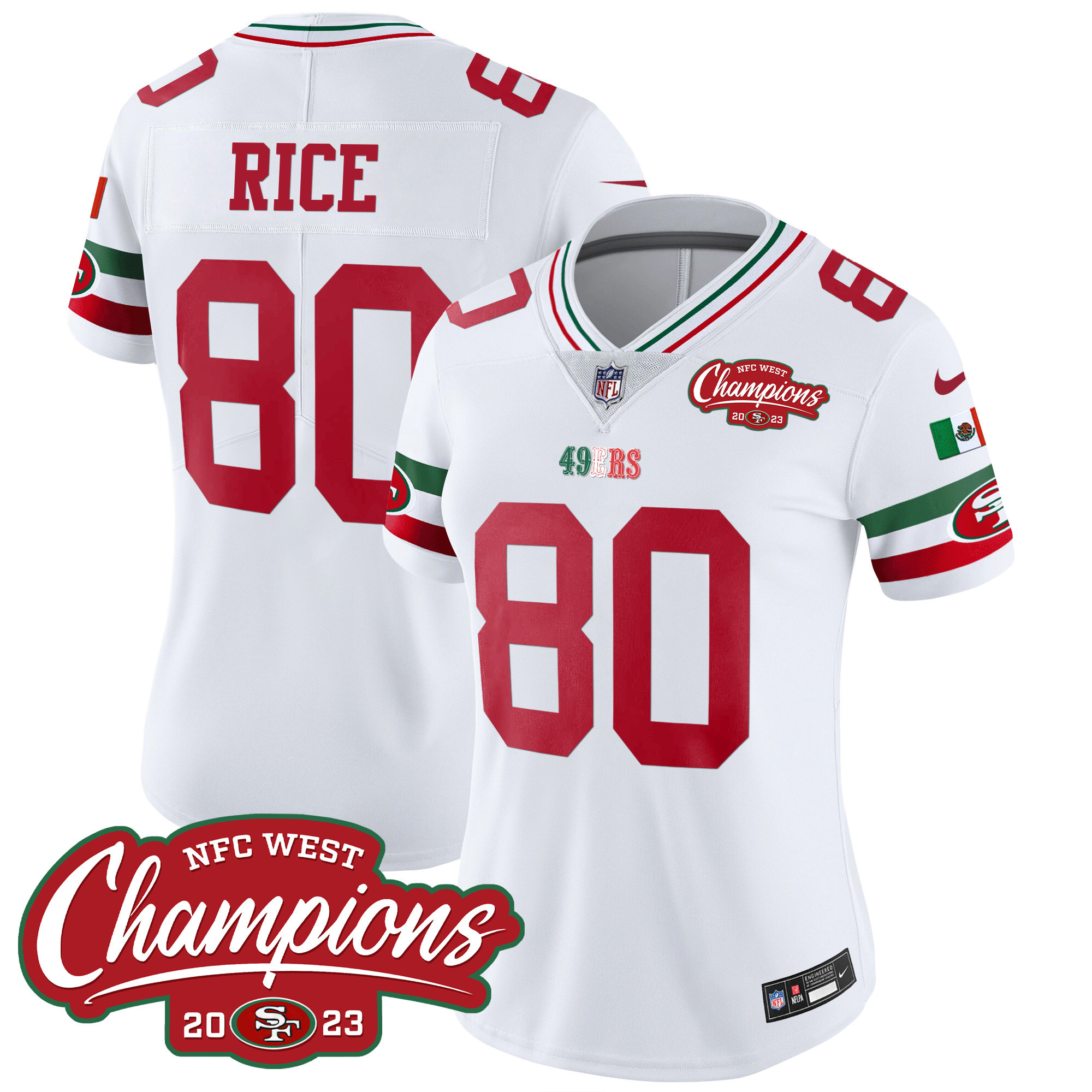 Women's 49ers Mexico 2023 NFC West Champions Patch Vapor Jersey - All Stitched - Image 6
