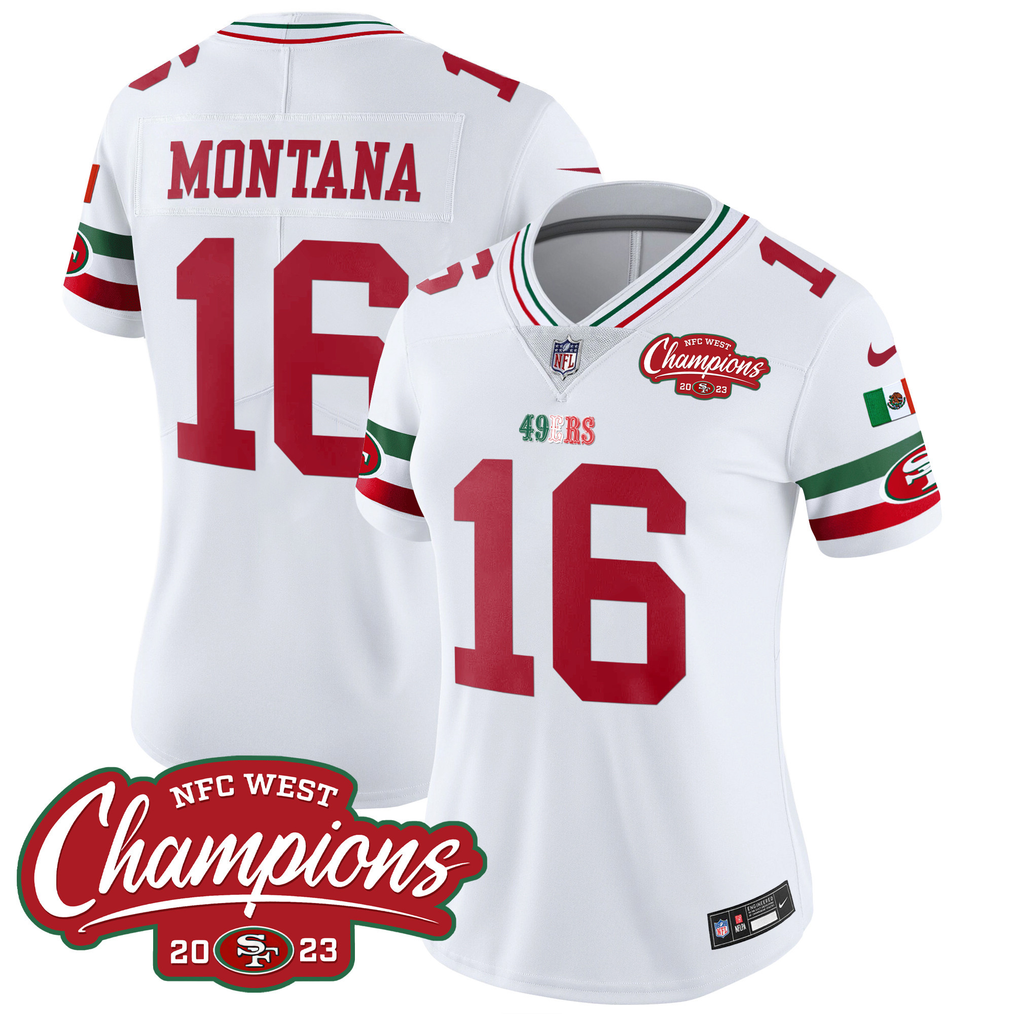 Women's 49ers Mexico 2023 NFC West Champions Patch Vapor Jersey - All Stitched - Image 8