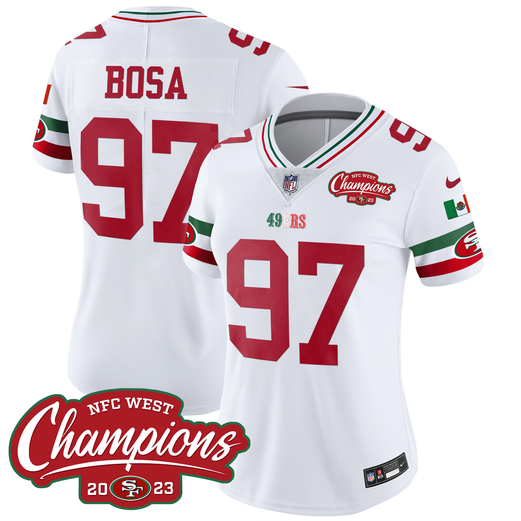 Women's 49ers Mexico 2023 NFC West Champions Patch Vapor Jersey - All Stitched - Image 7