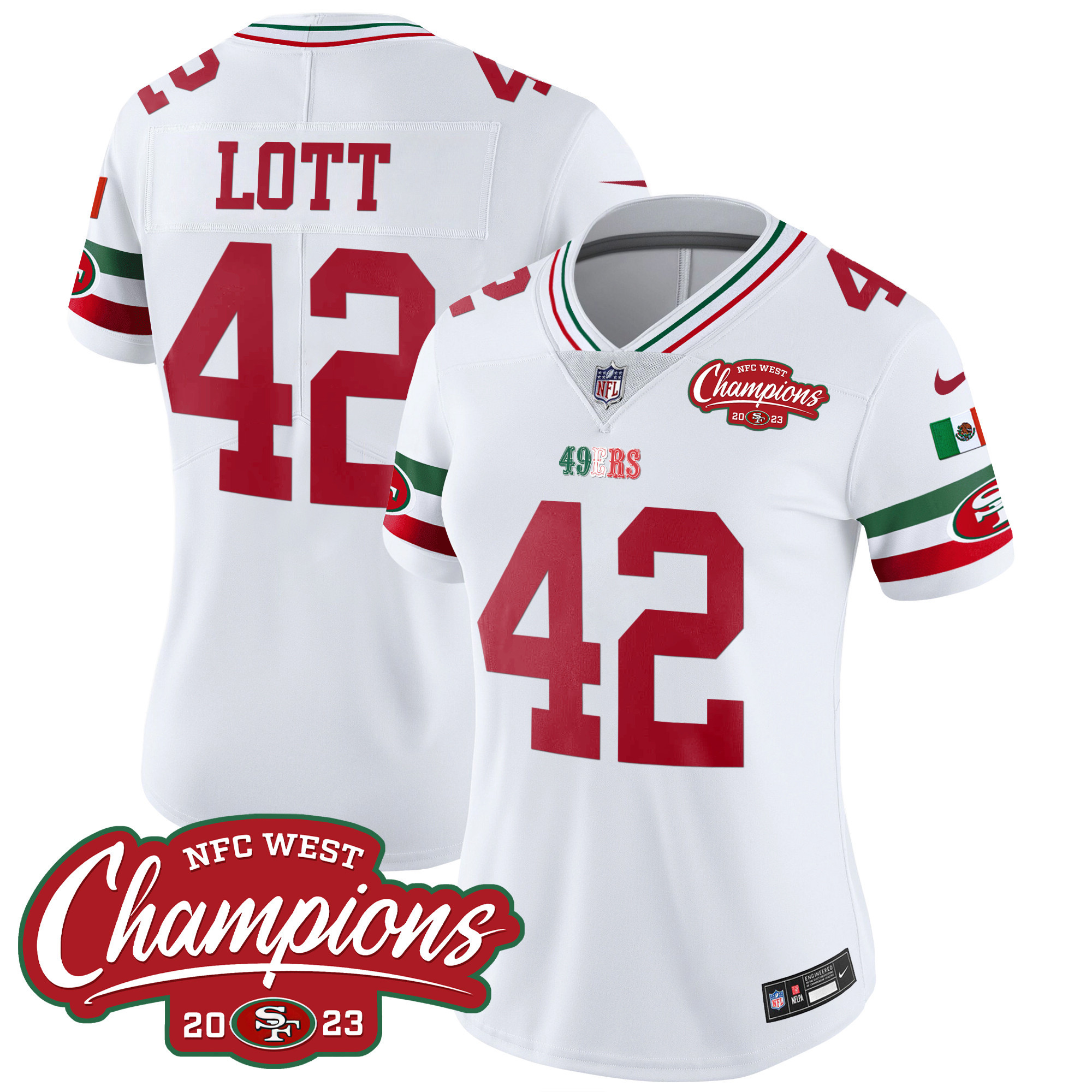 Women's 49ers Mexico 2023 NFC West Champions Patch Vapor Jersey - All Stitched - Image 9