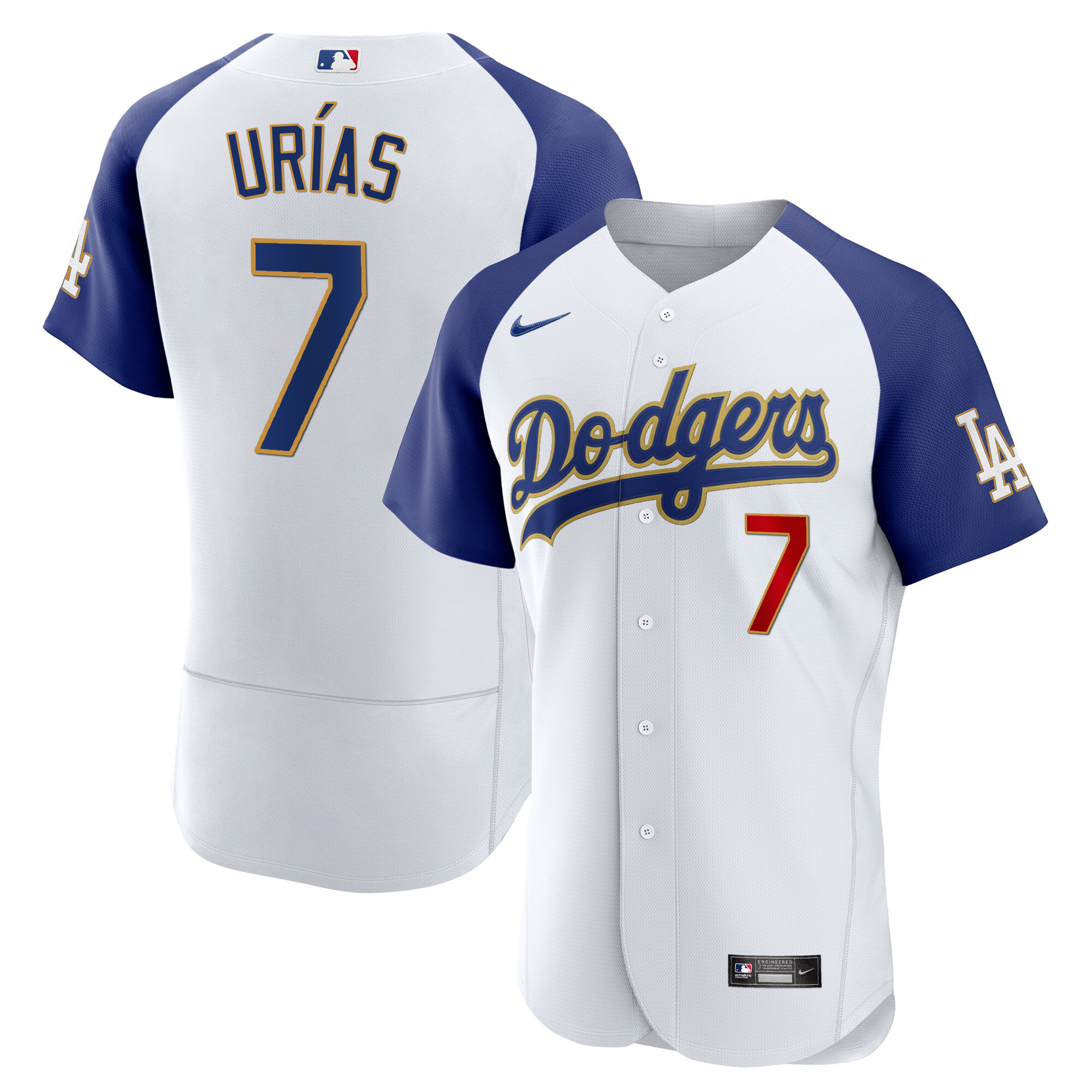 Men's Los Angeles Dodgers Gold Trim Flex Base Jersey - All Stitched - Image 9