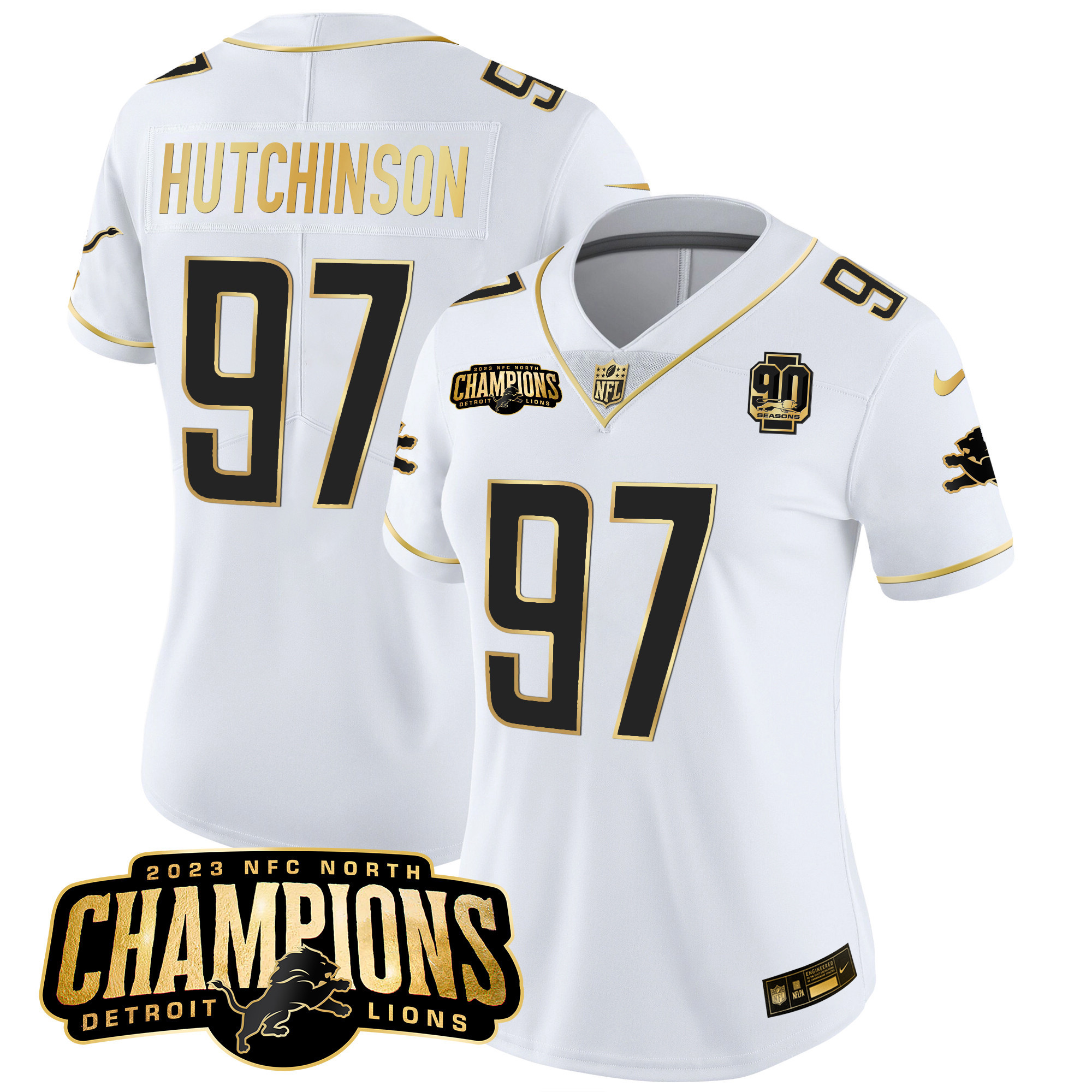 Women's Detroit Lions 2023 NFC North Champions Patch Gold Vapor Jersey V2 - All Stitched - Image 19