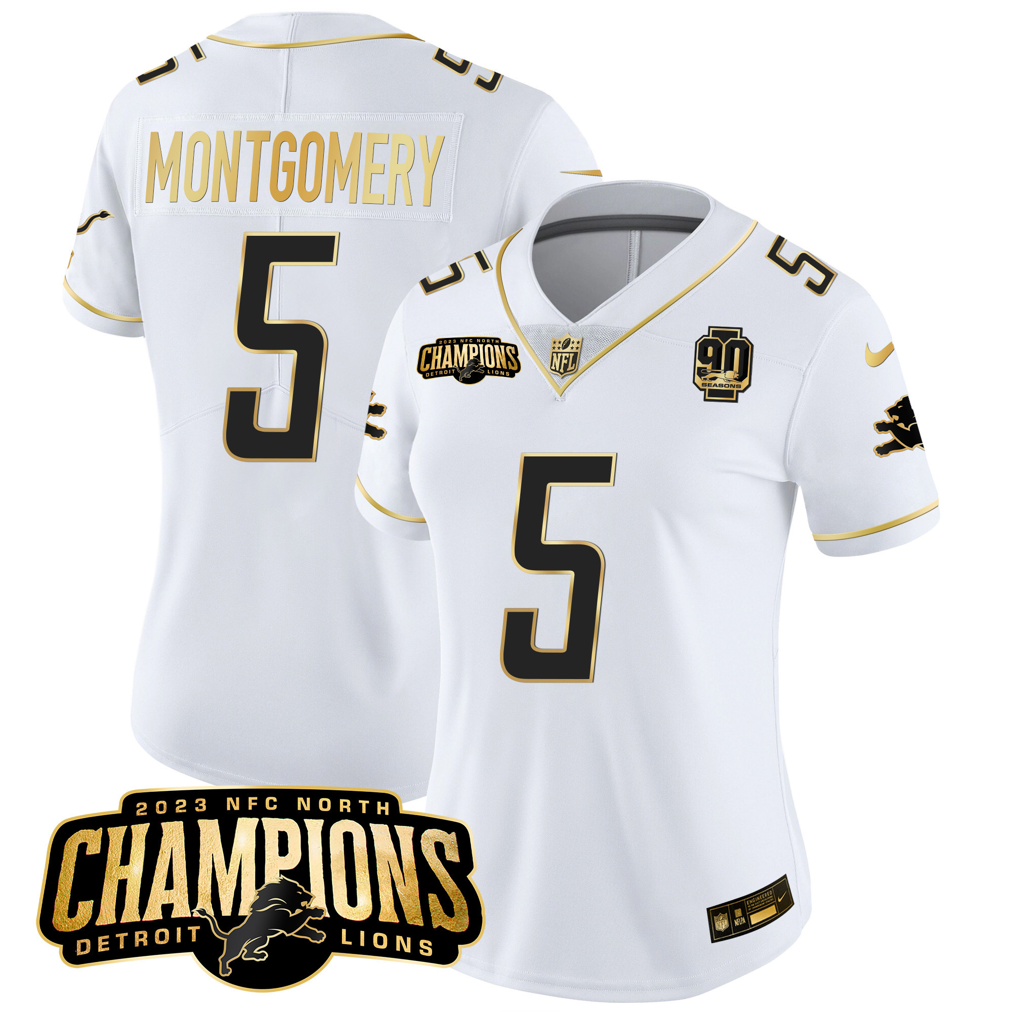 Women's Detroit Lions 2023 NFC North Champions Patch Gold Vapor Jersey V2 - All Stitched - Image 22