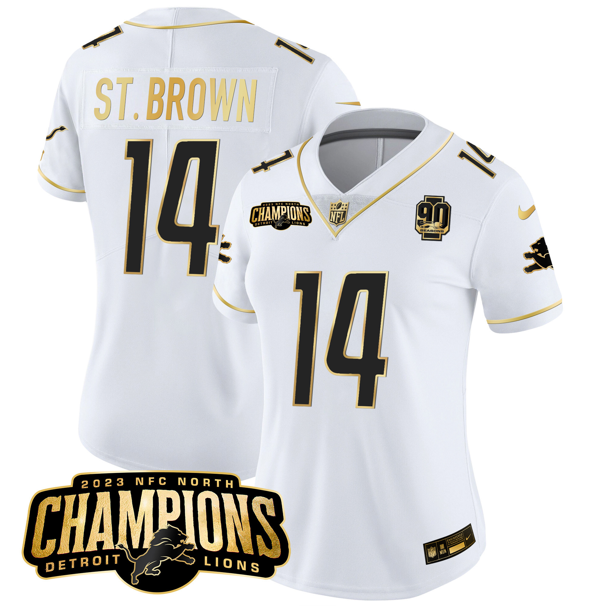 Women's Detroit Lions 2023 NFC North Champions Patch Gold Vapor Jersey V2 - All Stitched - Image 21